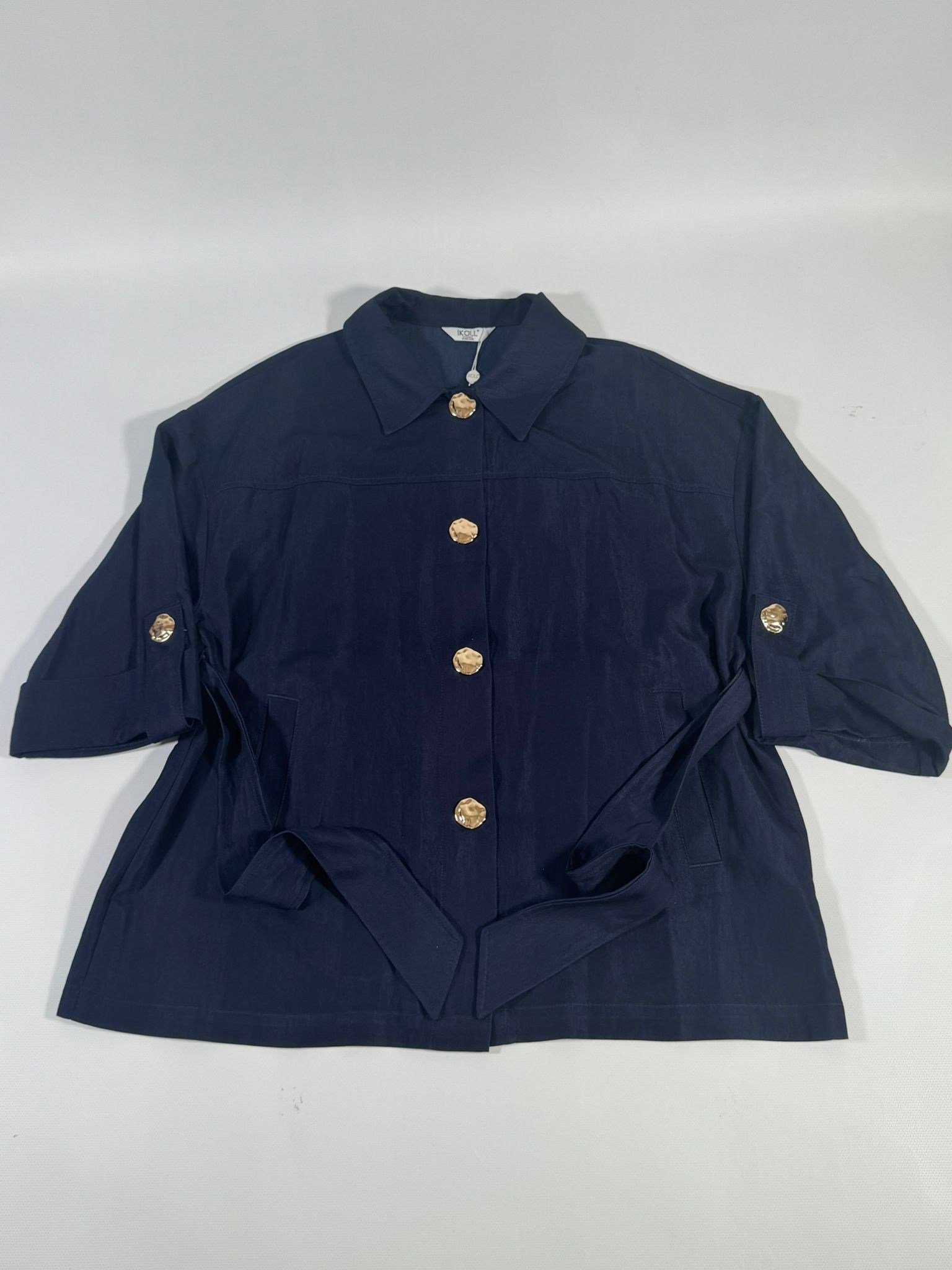 İKOLL Kadın Lacivert Denim Görünümlü Gold Çıtçıtlı Ceket ve Palazzo Pantolon 2'li Takım