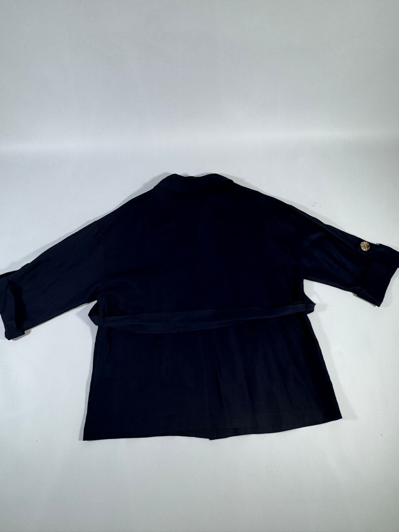 İKOLL Kadın Lacivert Denim Görünümlü Gold Çıtçıtlı Ceket ve Palazzo Pantolon 2'li Takım