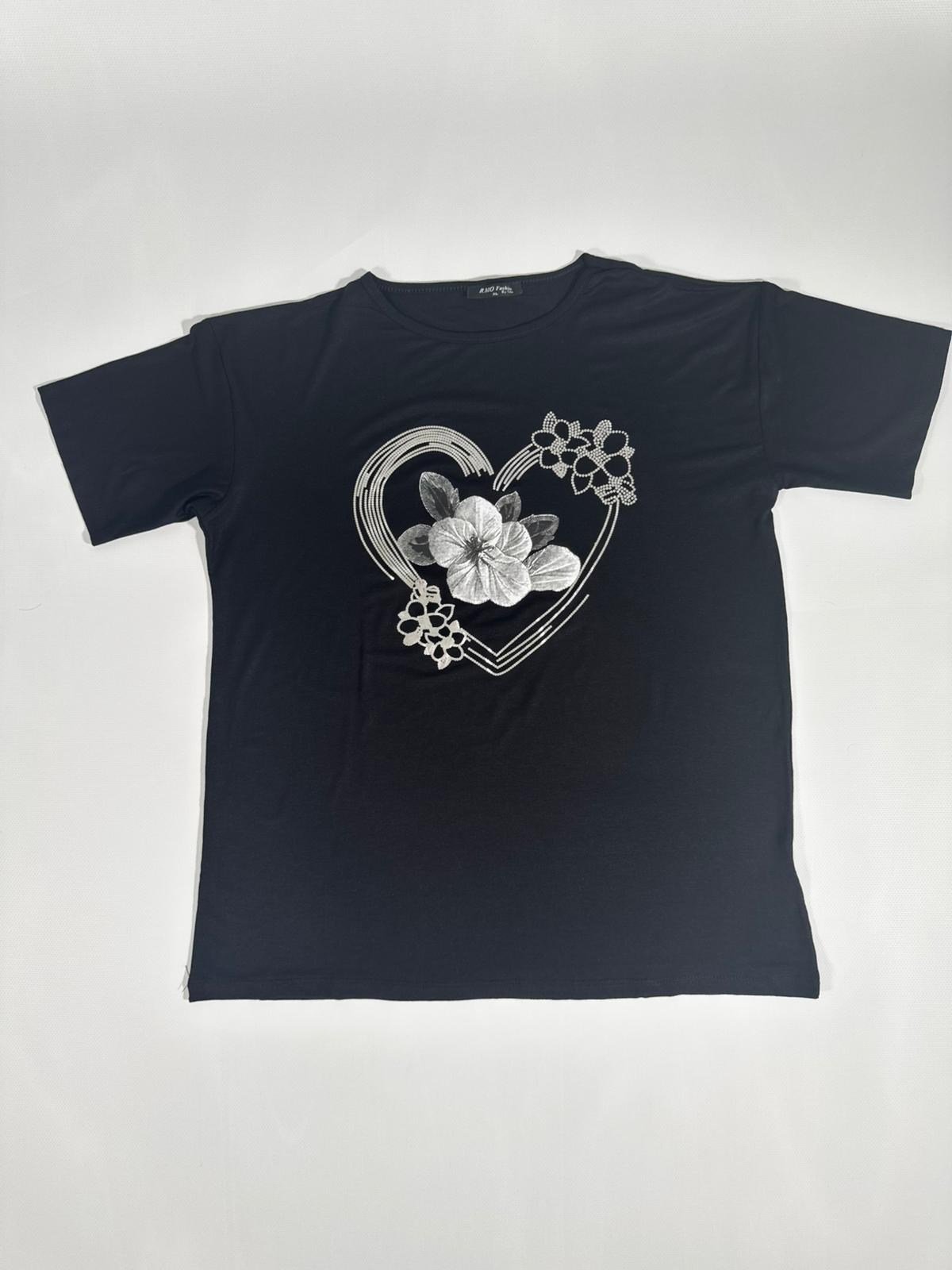 KADIN T-SHIRT BASKILI ZEMİN SİYAH BASKI GRİ