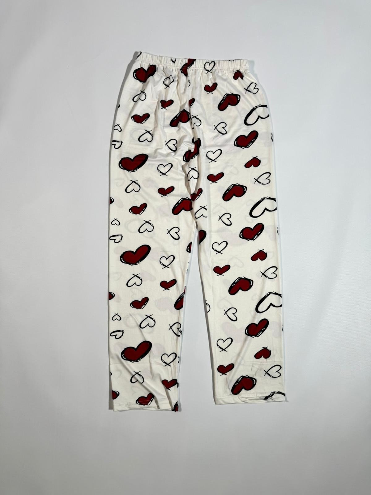 Kısa Kol Düğmeli Krem-Kırmızı Baskılı Pijama