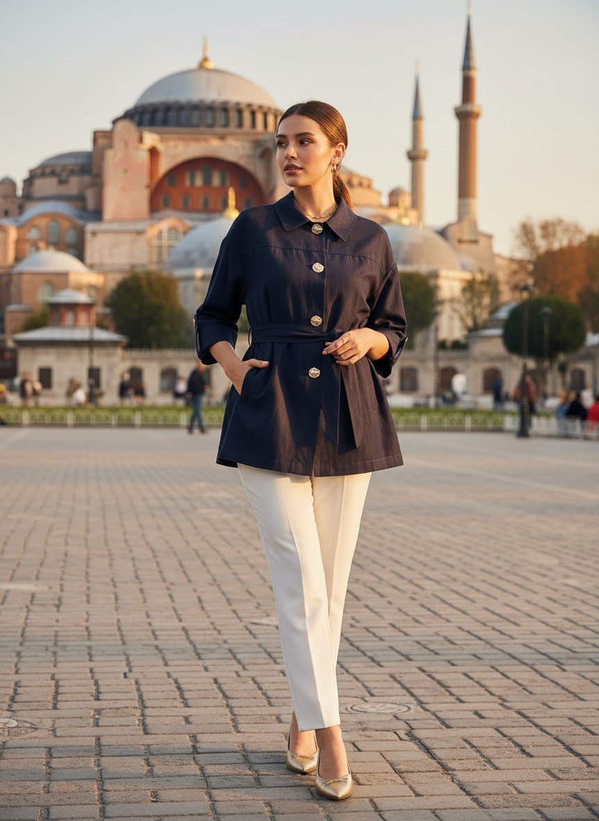 Laduren Liora Gold Çıtçıtlı Denim Görünümlü Oversize Kadın Ceket