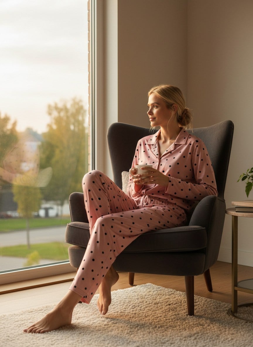 Uzun Kol Düğmeli Pembe Siyah Baskılı Pijama
