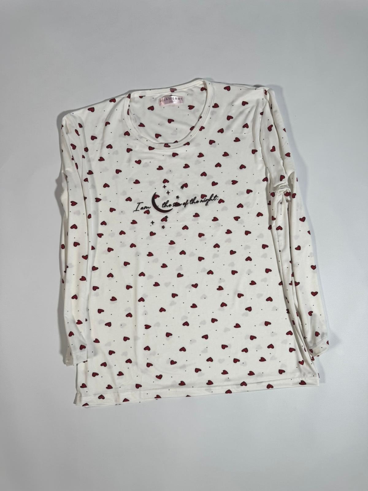 Uzun Kol Düğmesiz Pijama Krem- Kırmızı Baskılı Pijama