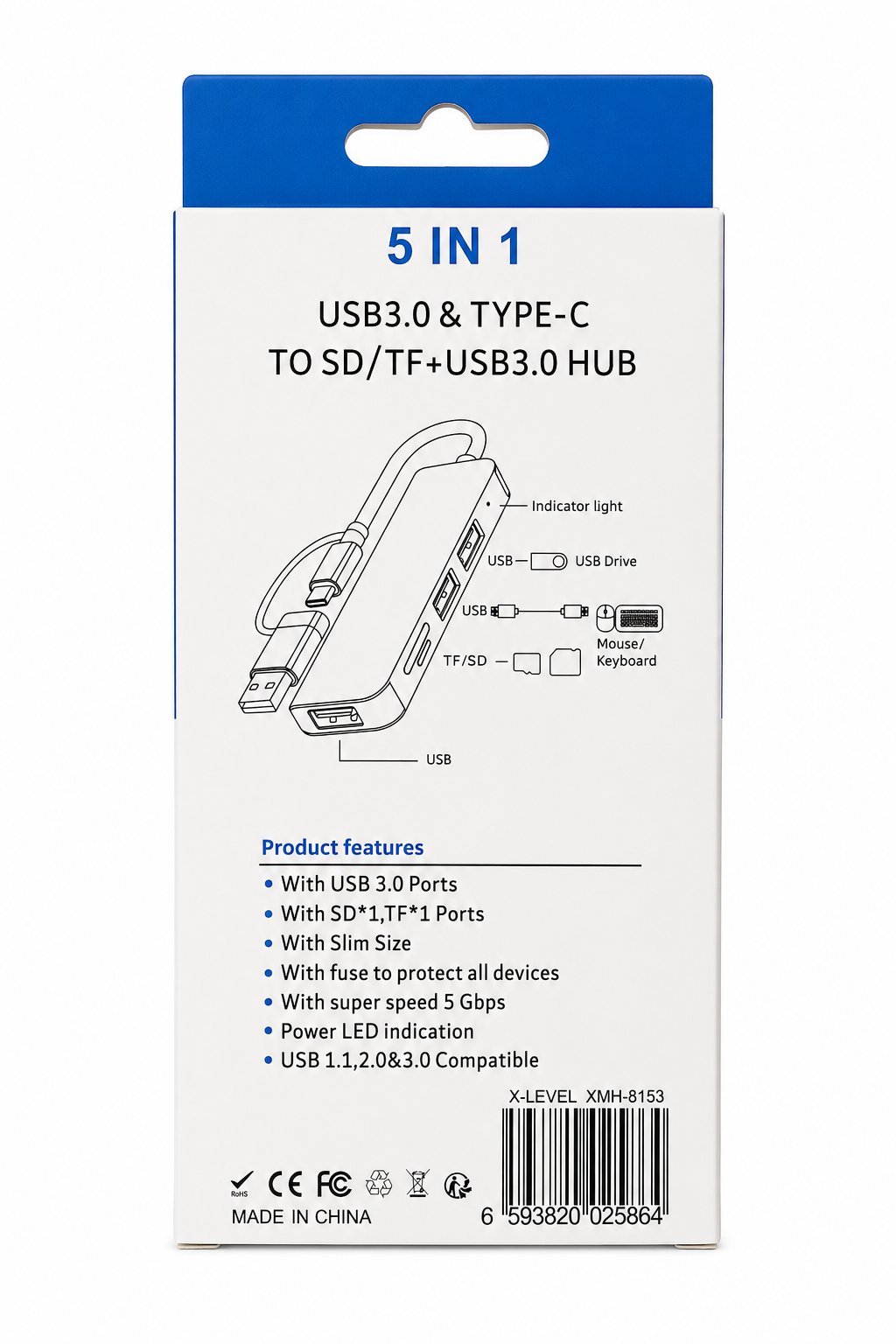 5 Port USB 3.0 ve Type-C Hub Çoklayıcı Adaptör (3x USB, SD/TF Kart, 5 Gbps)