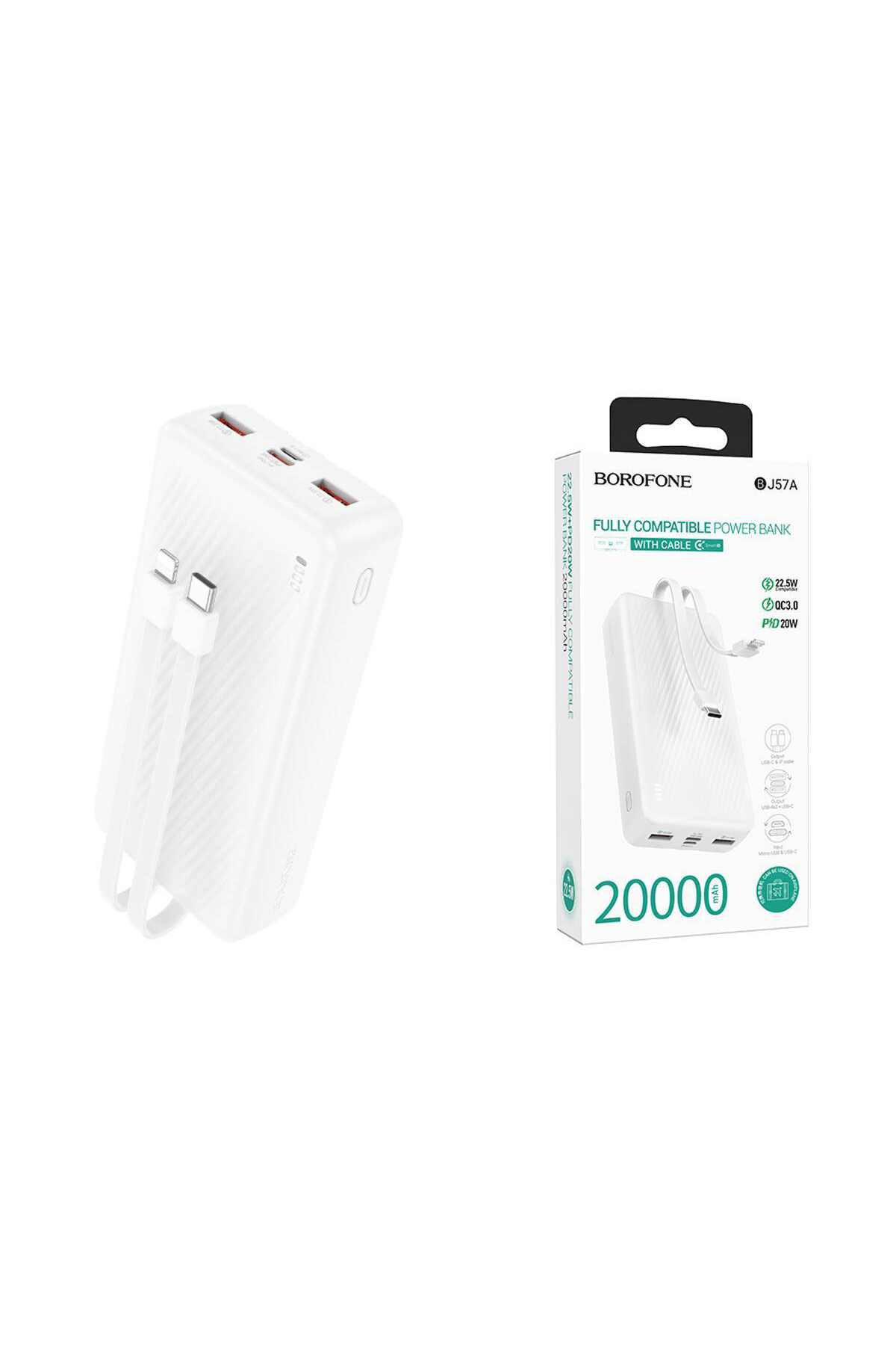 BOROFONE BJ57A 22.5+PD20W KABLOLU 20000MAH POWERBANK BEYAZ