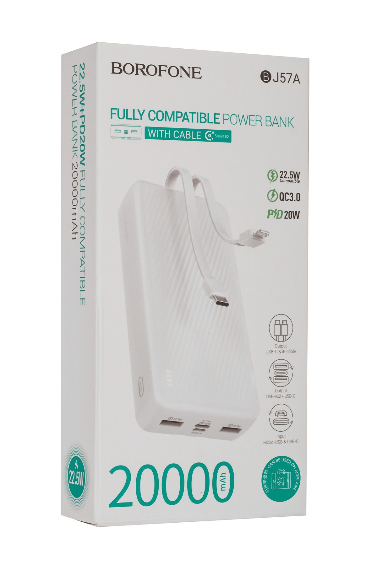 BOROFONE BJ57A 22.5+PD20W KABLOLU 20000MAH POWERBANK BEYAZ