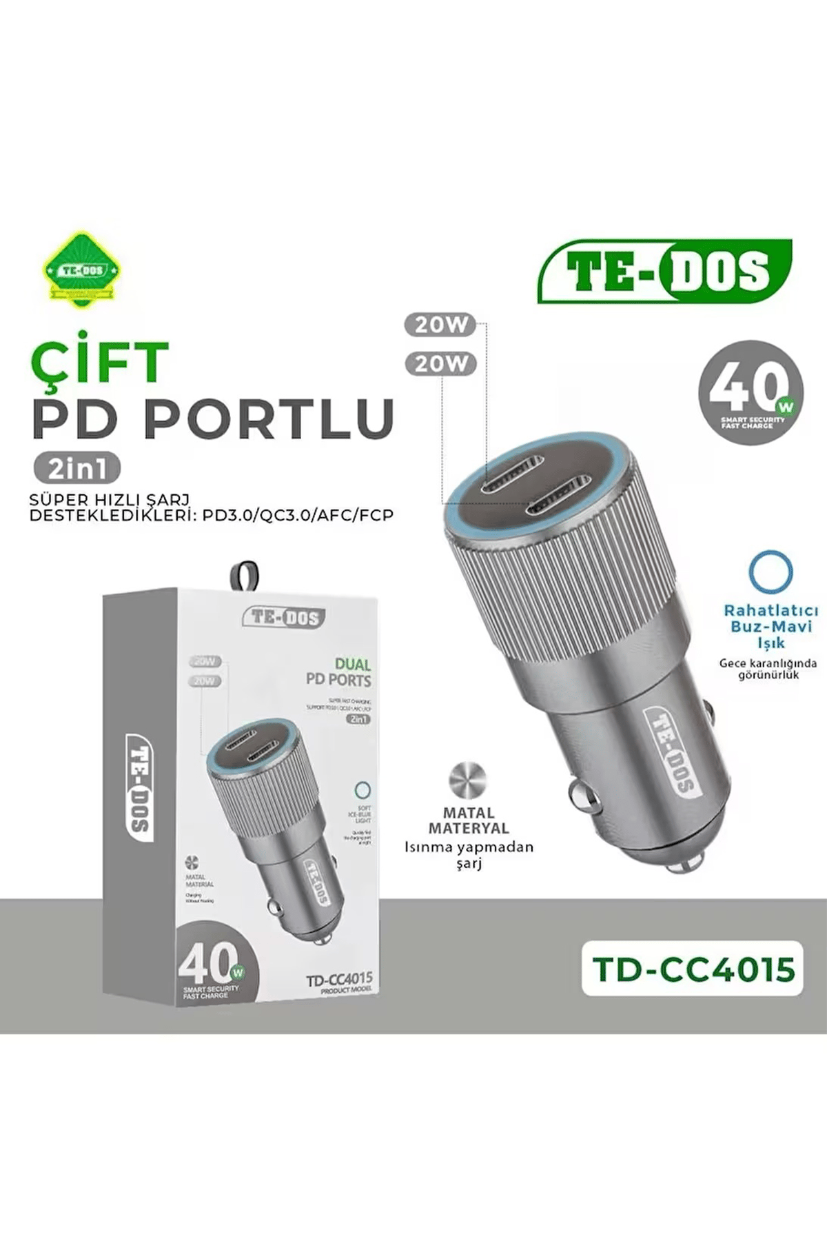 TE-DOS TD-CC4015 METAL 2İN1 TYPE-C TO TYPE-C ARAÇ ÇAKMAKLIK ŞARJ ADAPTÖR