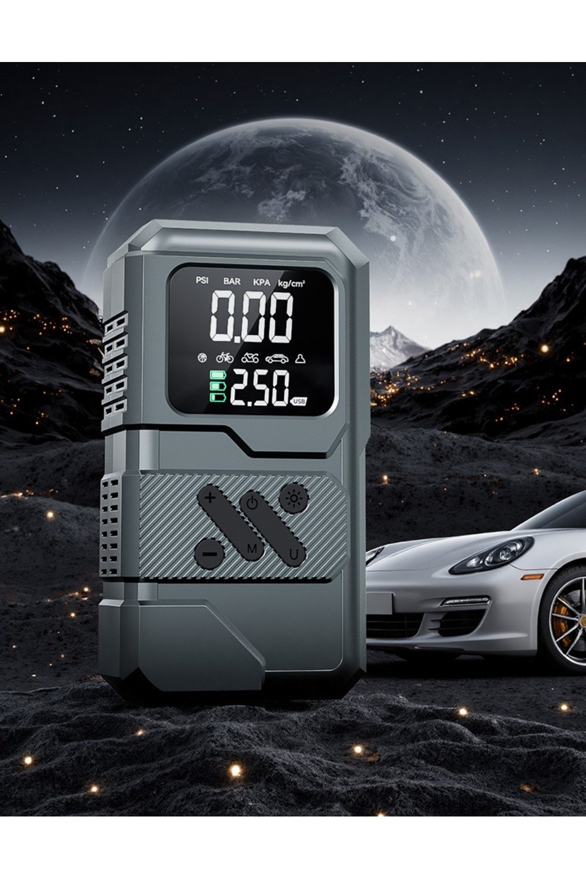 12.000 mAh Şarjlı Taşınabilir Araç Akü Şarj Takviyeli Işıklı Hava Kompresörü Powerbankli