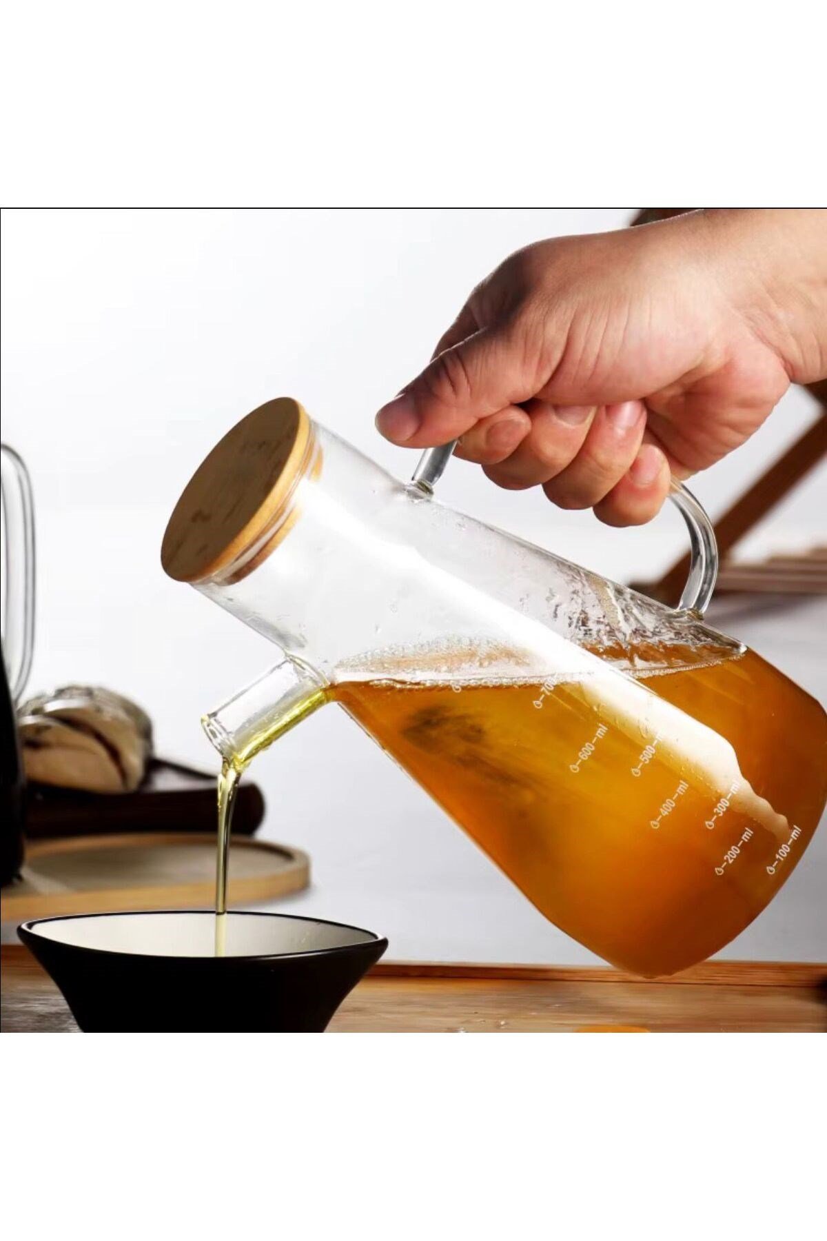 2 Adet 900 ml Bambu Kapaklı Vakumlu Borosilikat Yağdanlık (Bambu Altlığı Sete Dahil)