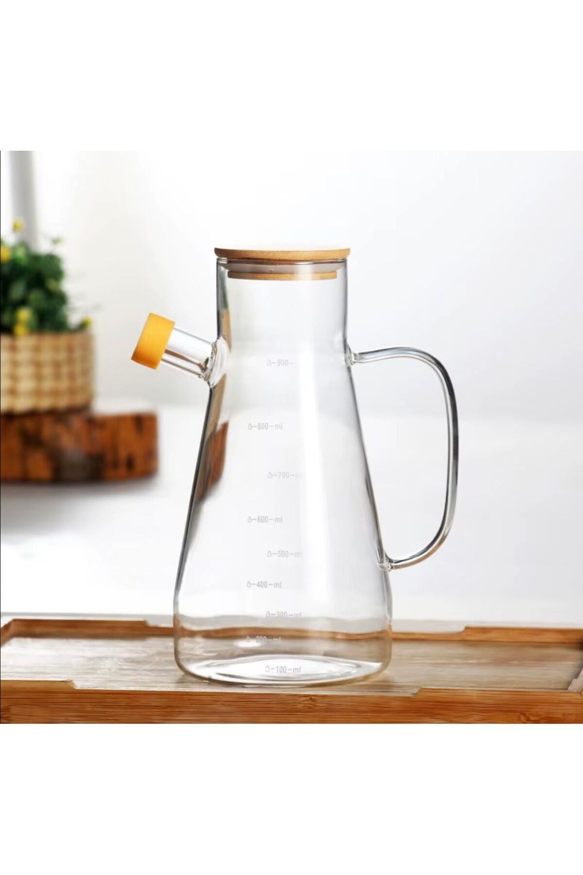 2 Adet 900 ml Bambu Kapaklı Vakumlu Borosilikat Yağdanlık (Bambu Altlığı Sete Dahil)