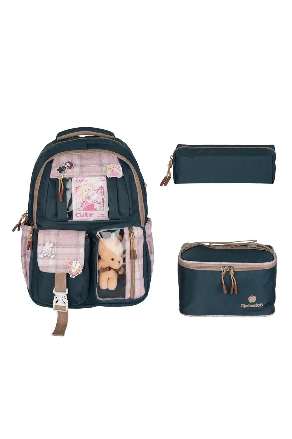 Rlx-1395 3'lü Set Çocuk İlkokul çantası Kalemlikli Beslenme Çantalı Sırt Çantası
