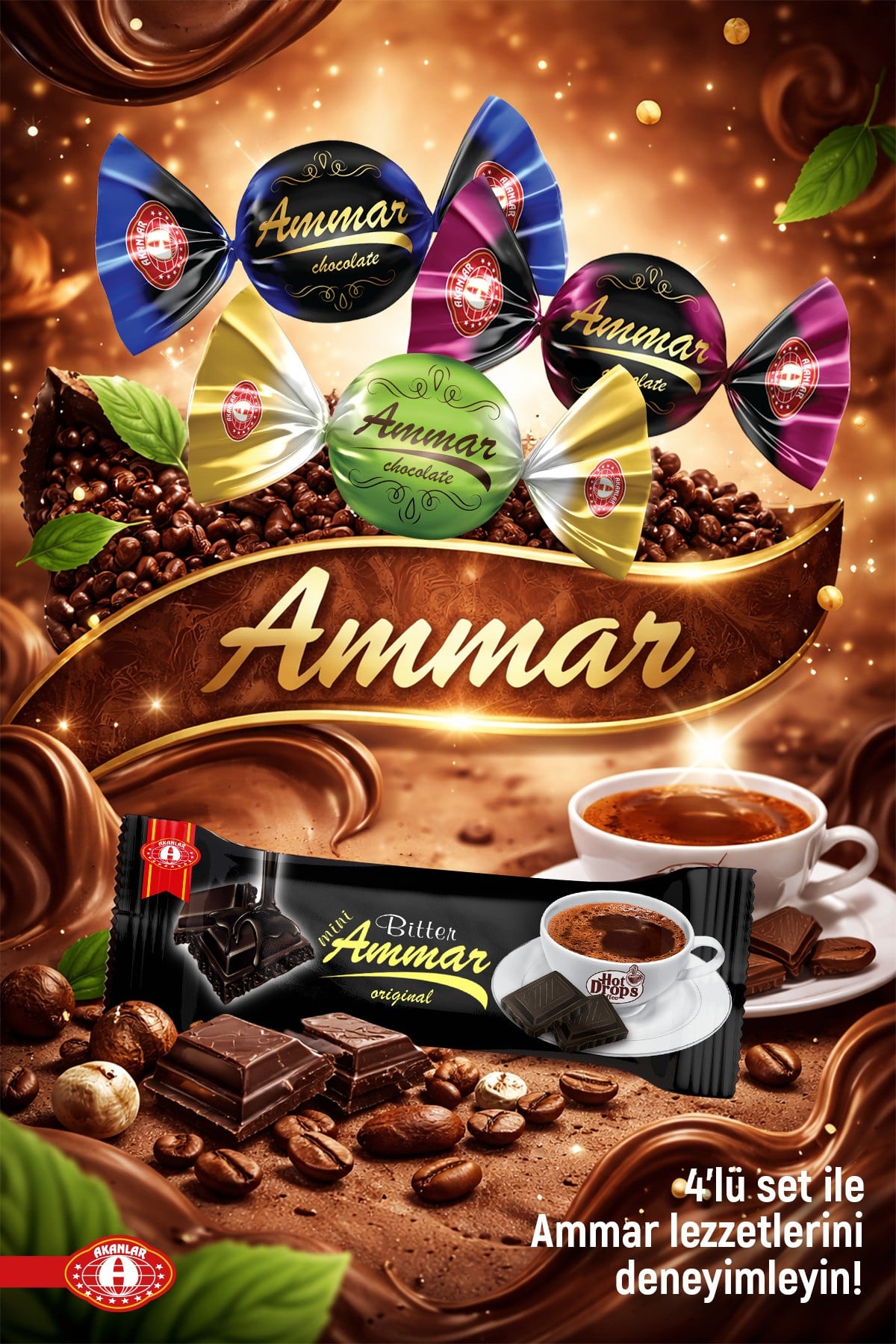 4'lü Çikolata Seti Mix , (50 Adet) 500 GR, Antep Fıstıklı Kadayıflı , Türk Kahveli, Dutlu, Bitter,