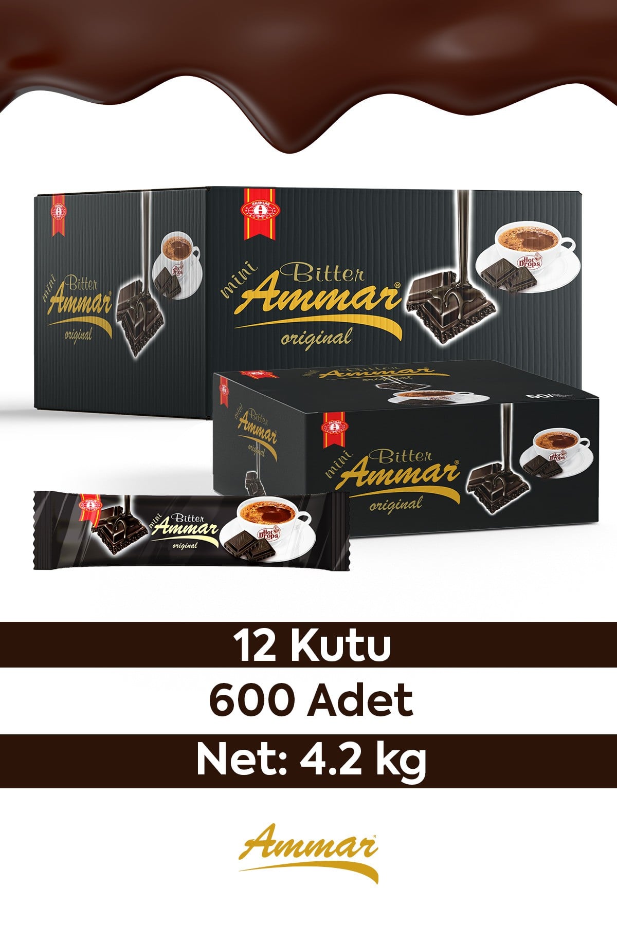 Bitter Çikolata %25 Kakao'lu, Glutensiz, '4.2 KG' (12 Kutu = 600 Adet) Kahve Yanı, İkramlık