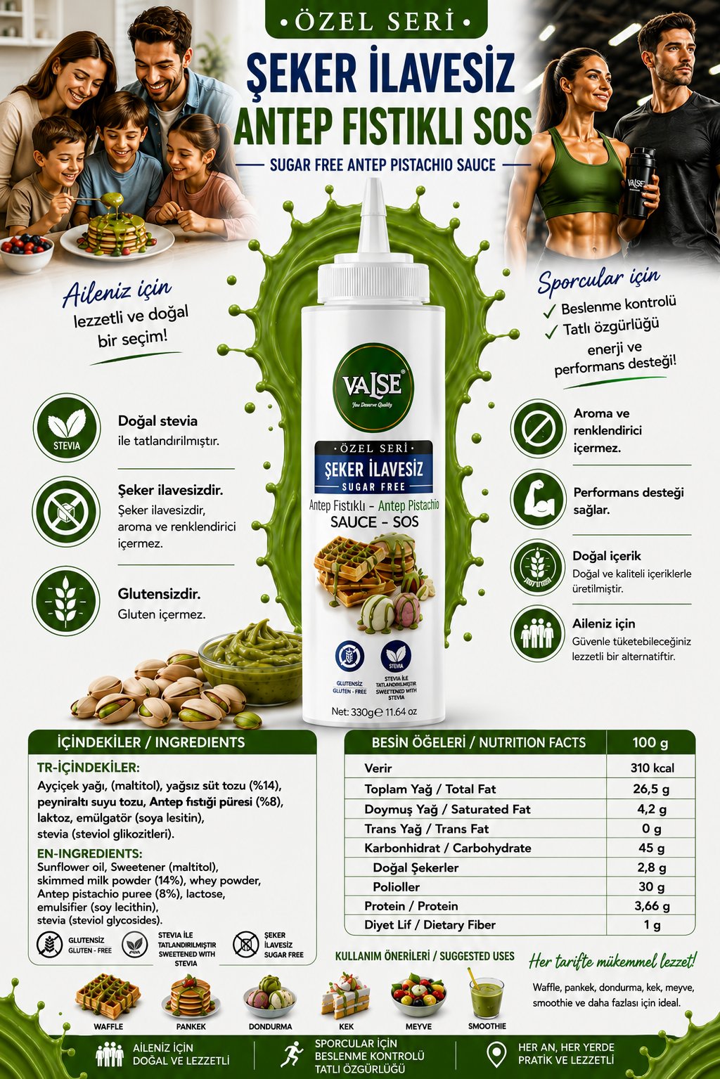 Şeker İlavesiz (Stevia'lı) Antep Fıstıklı Sos (Glutensiz) 330 Gr Waffle & Meyve & Kek&Tatlı&Dondurma