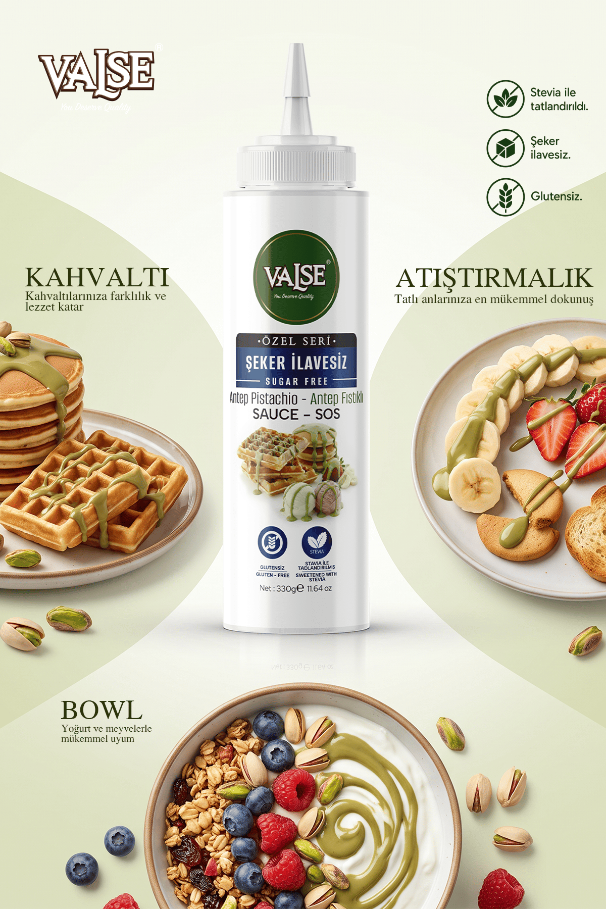 Şeker İlavesiz (Stevia'lı) Antep Fıstıklı Sos (Glutensiz) 330 Gr Waffle & Meyve & Kek&Tatlı&Dondurma