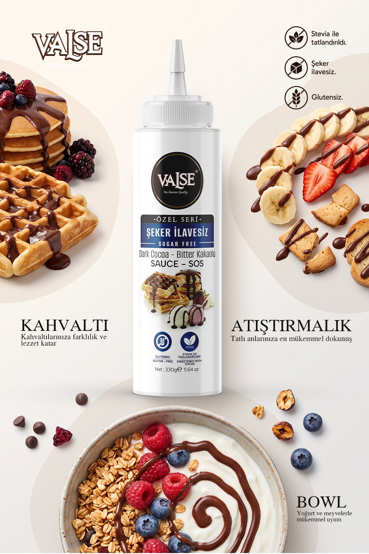 Şeker İlavesiz (Stevia'lı) Bitter Kakaolu Sos (Glutensiz) 330 Gr Waffle & Meyve & Kek&Tatlı&Dondurma