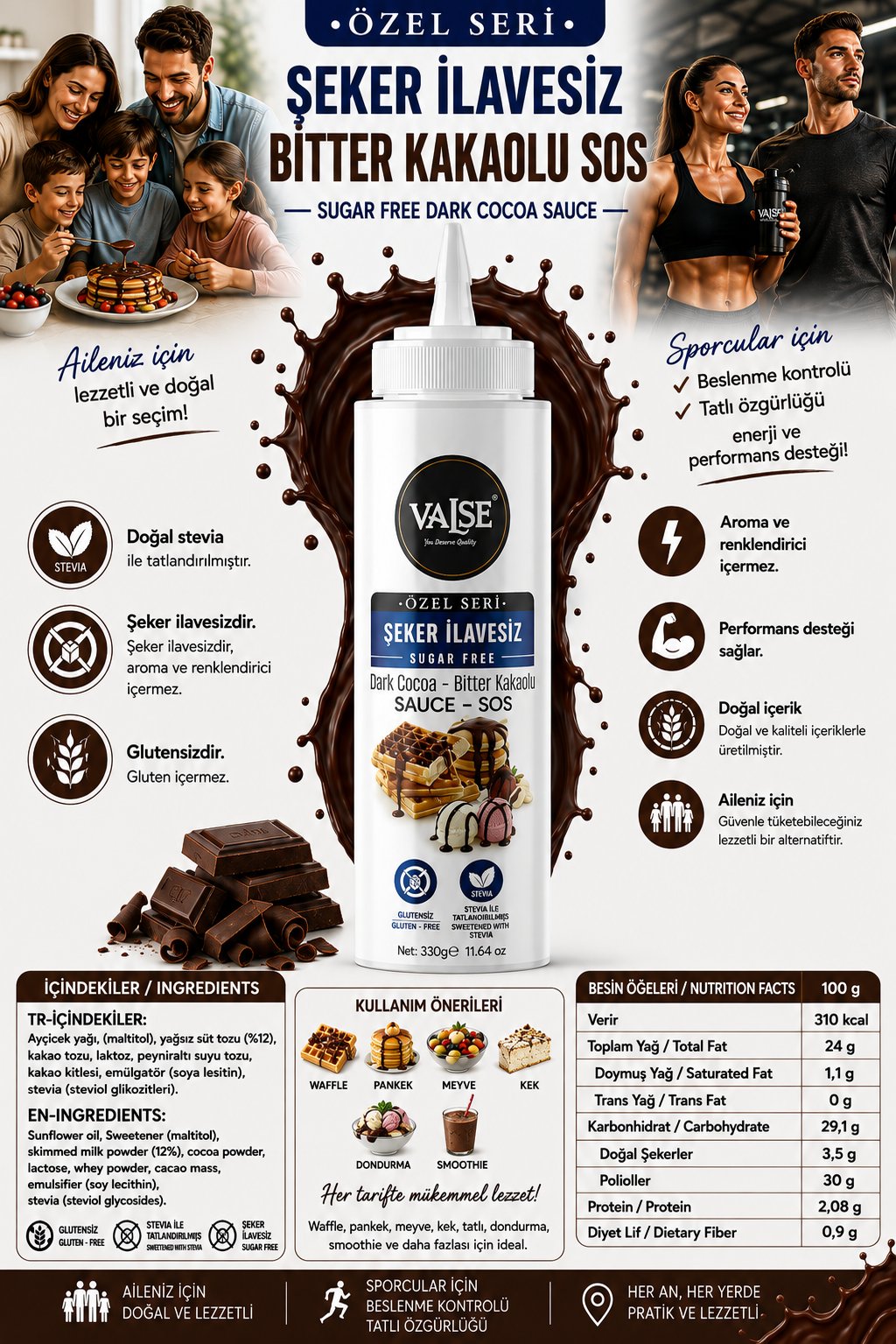 Şeker İlavesiz (Stevia'lı) Bitter Kakaolu Sos (Glutensiz) 330 Gr Waffle & Meyve & Kek&Tatlı&Dondurma