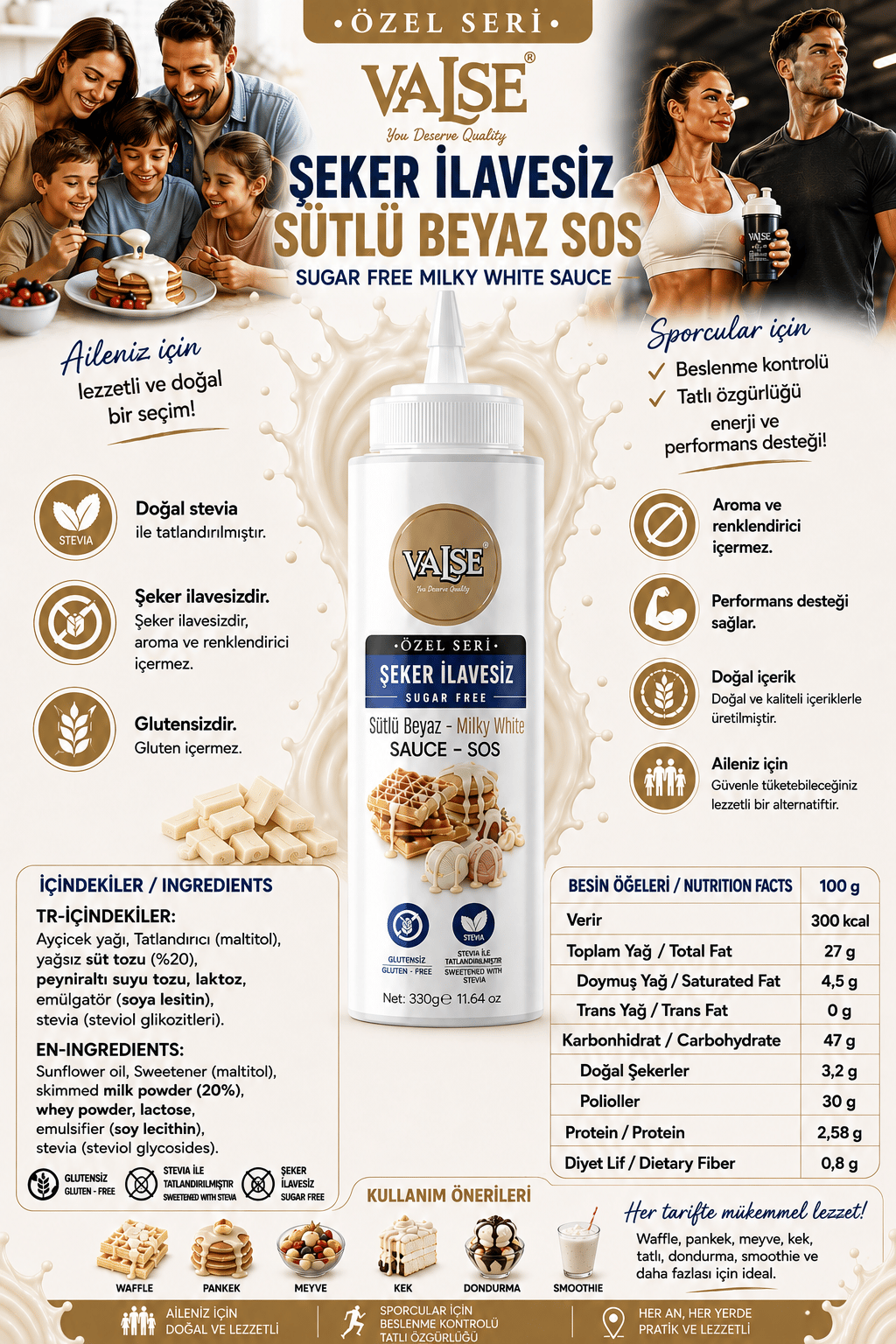 Şeker İlavesiz (Stevia'lı) Sütlü Beyaz Sos (Glutensiz) 330 Gr Waffle & Meyve & Kek &Tatlı&Dondurma