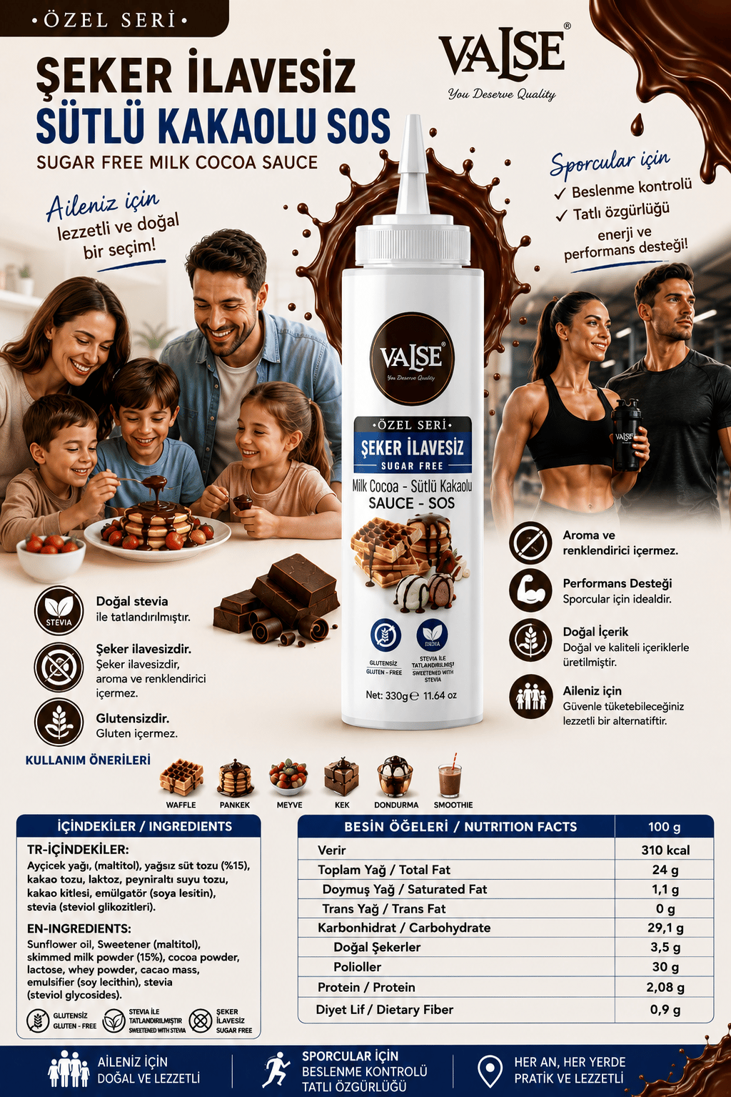 Şeker İlavesiz (Stevia'lı) Sütlü Kakaolu Sos (Glutensiz) 330 Gr Waffle & Meyve & Kek &Tatlı&Dondurma
