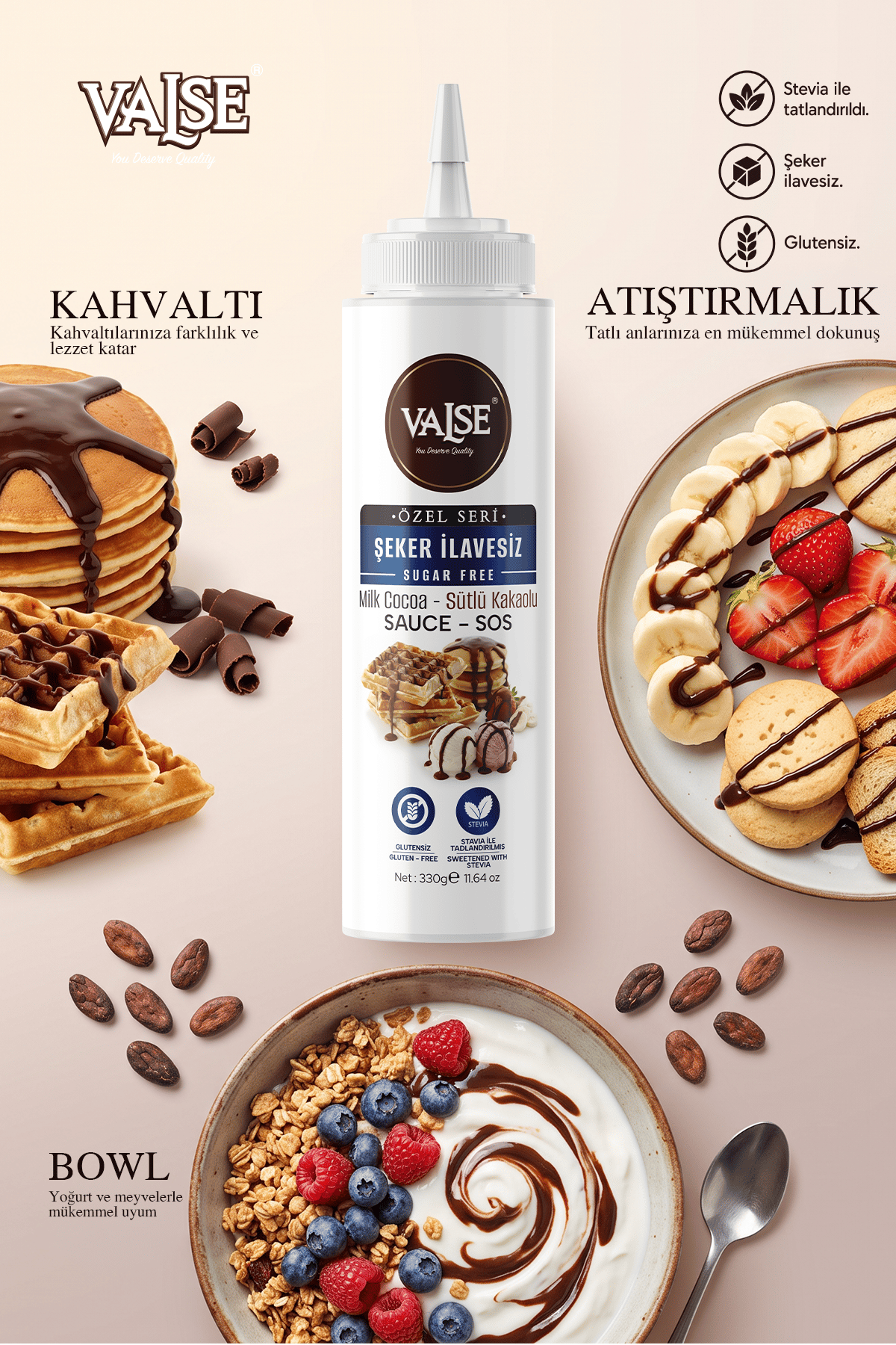 Şeker İlavesiz (Stevia'lı) Sütlü Kakaolu Sos (Glutensiz) 330 Gr Waffle & Meyve & Kek &Tatlı&Dondurma