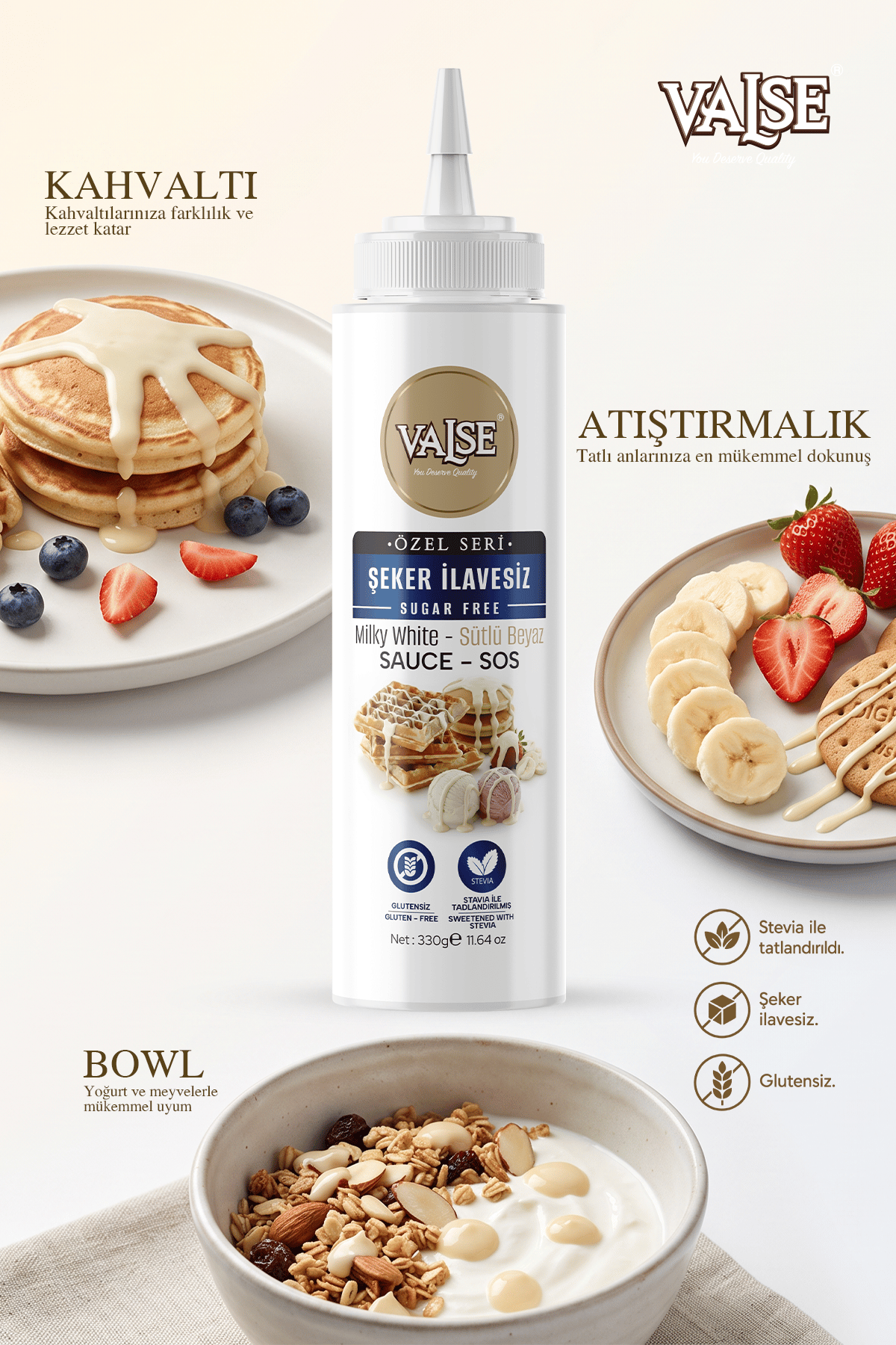 Şeker İlavesiz (Stevia'lı) Sütlü Beyaz Sos (Glutensiz) 330 Gr Waffle & Meyve & Kek &Tatlı&Dondurma