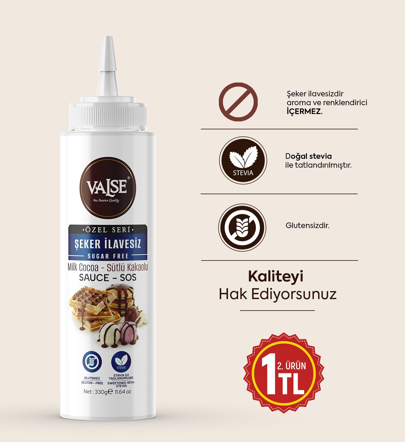 Şeker İlavesiz (Stevia'lı) Sütlü Kakaolu Sos (Glutensiz) 330 Gr Waffle & Meyve & Kek &Tatlı&Dondurma