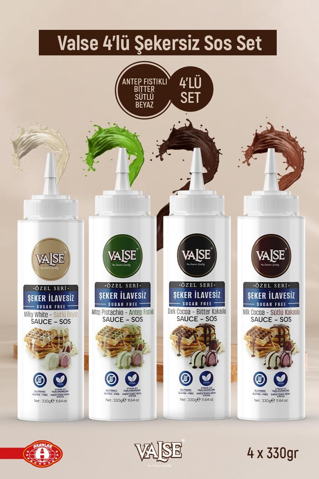 Valse Şeker İlavesiz (Stevia'lı) 4 X 330 Gr Sos Set, Sütlü Kakao, Sütlü Beyaz , Bitter Kakao, Antep Fıstıklı, Glütensiz