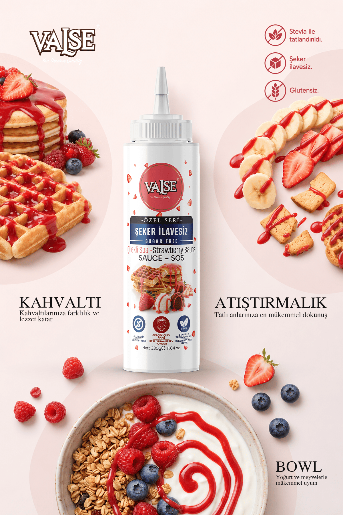 Valse Şeker İlavesiz (Stevia'lı) Gerçek Çilekli Sos (Glutensiz) 330 Gr Waffle & Meyve & Kek &Tatlı&Dondurma