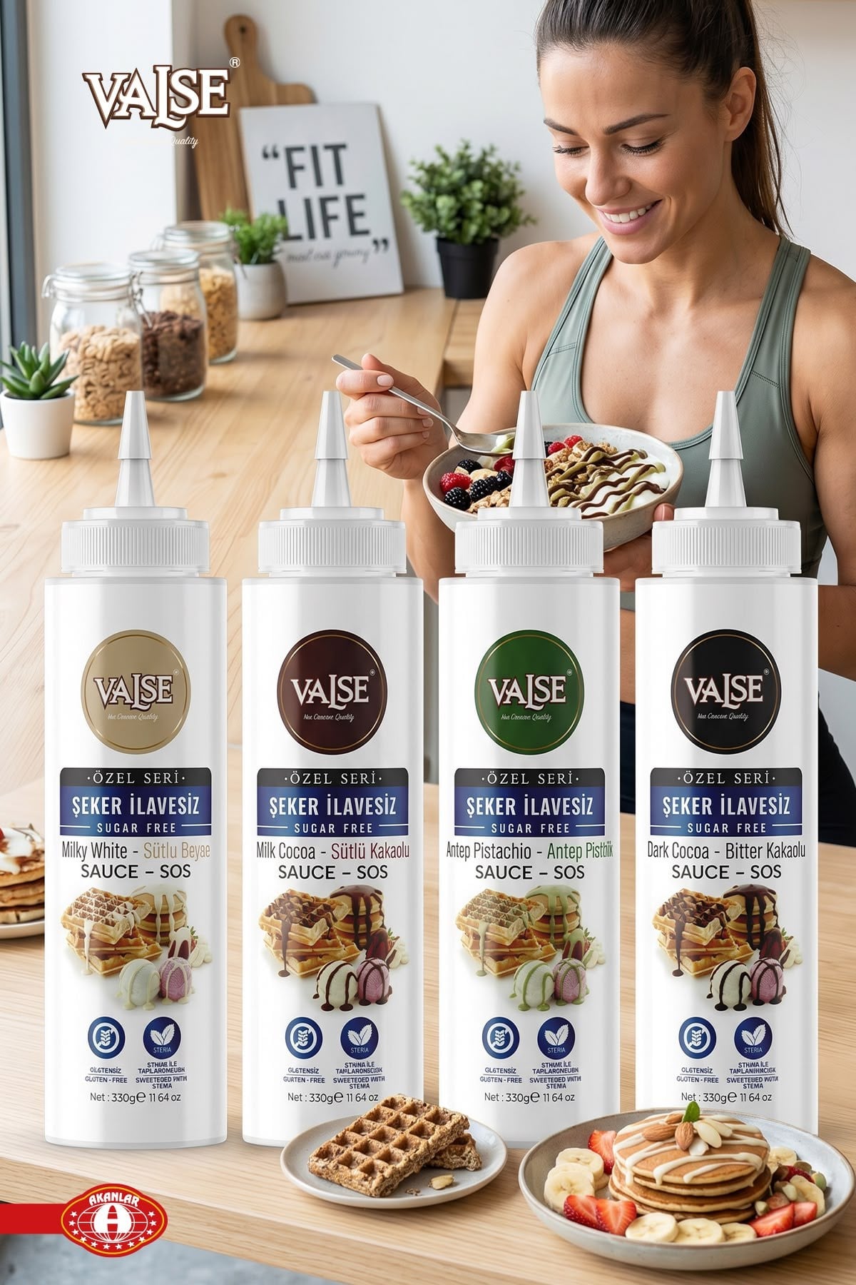 Valse Şeker İlavesiz (Stevia'lı) 4 X 330 Gr Sos Set, Sütlü Kakao, Sütlü Beyaz , Bitter Kakao, Antep Fıstıklı, Glütensiz