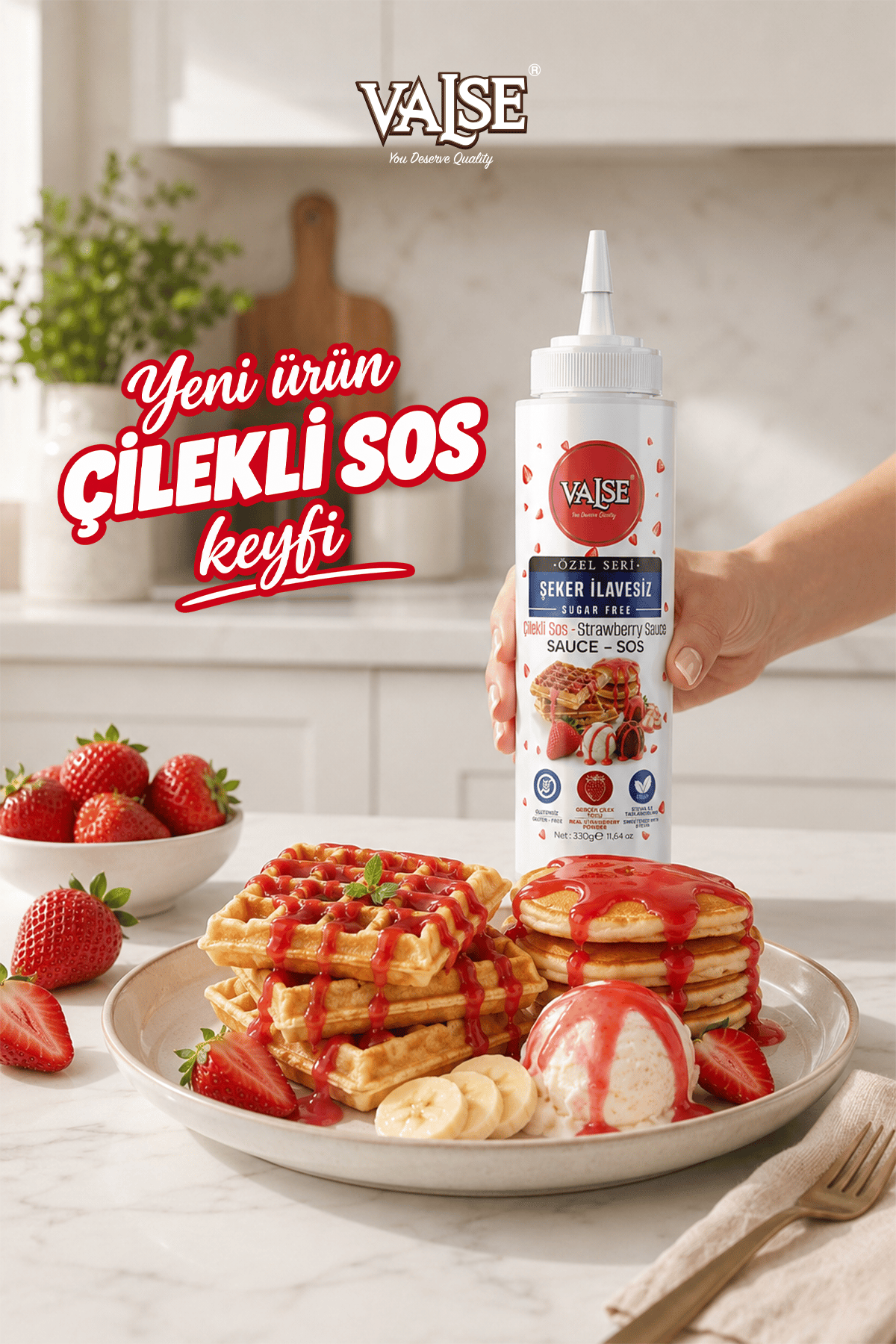 Valse Şeker İlavesiz (Stevia'lı) Gerçek Çilekli Sos (Glutensiz) 330 Gr Waffle & Meyve & Kek &Tatlı&Dondurma