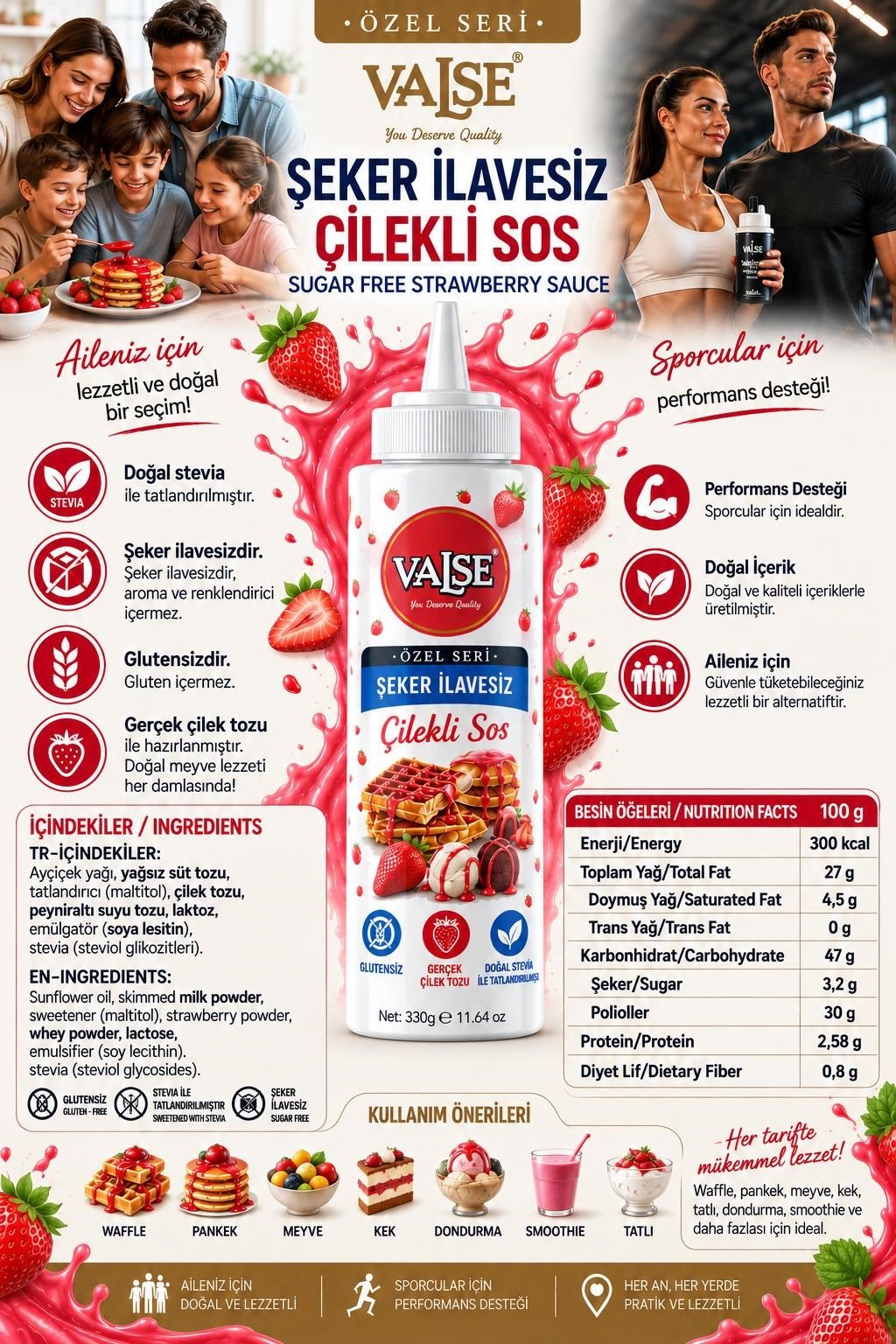 Valse Şeker İlavesiz (Stevia'lı) Gerçek Çilekli Sos (Glutensiz) 330 Gr Waffle & Meyve & Kek &Tatlı&Dondurma