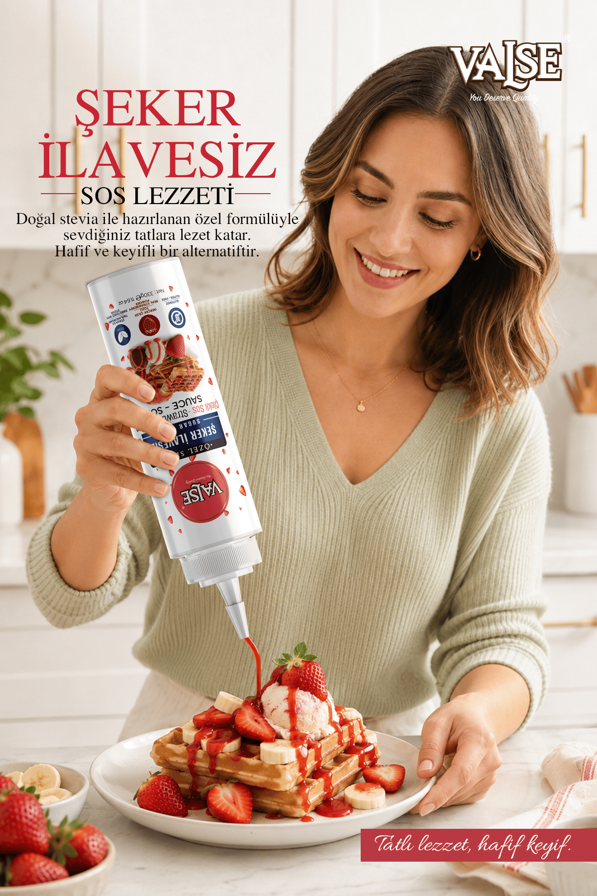 Valse Şeker İlavesiz (Stevia'lı) Gerçek Çilekli Sos (Glutensiz) 330 Gr Waffle & Meyve & Kek &Tatlı&Dondurma