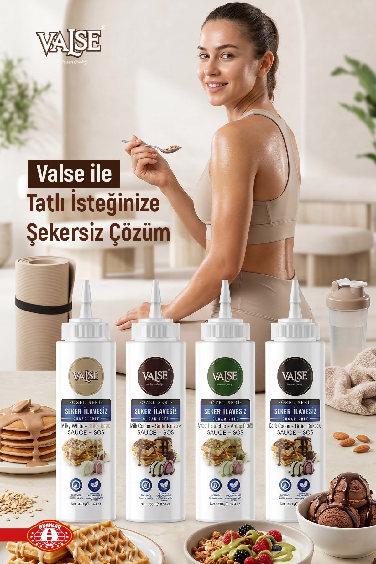 Valse Şeker İlavesiz (Stevia'lı) 4 X 330 Gr Sos Set, Sütlü Kakao, Sütlü Beyaz , Bitter Kakao, Antep Fıstıklı, Glütensiz