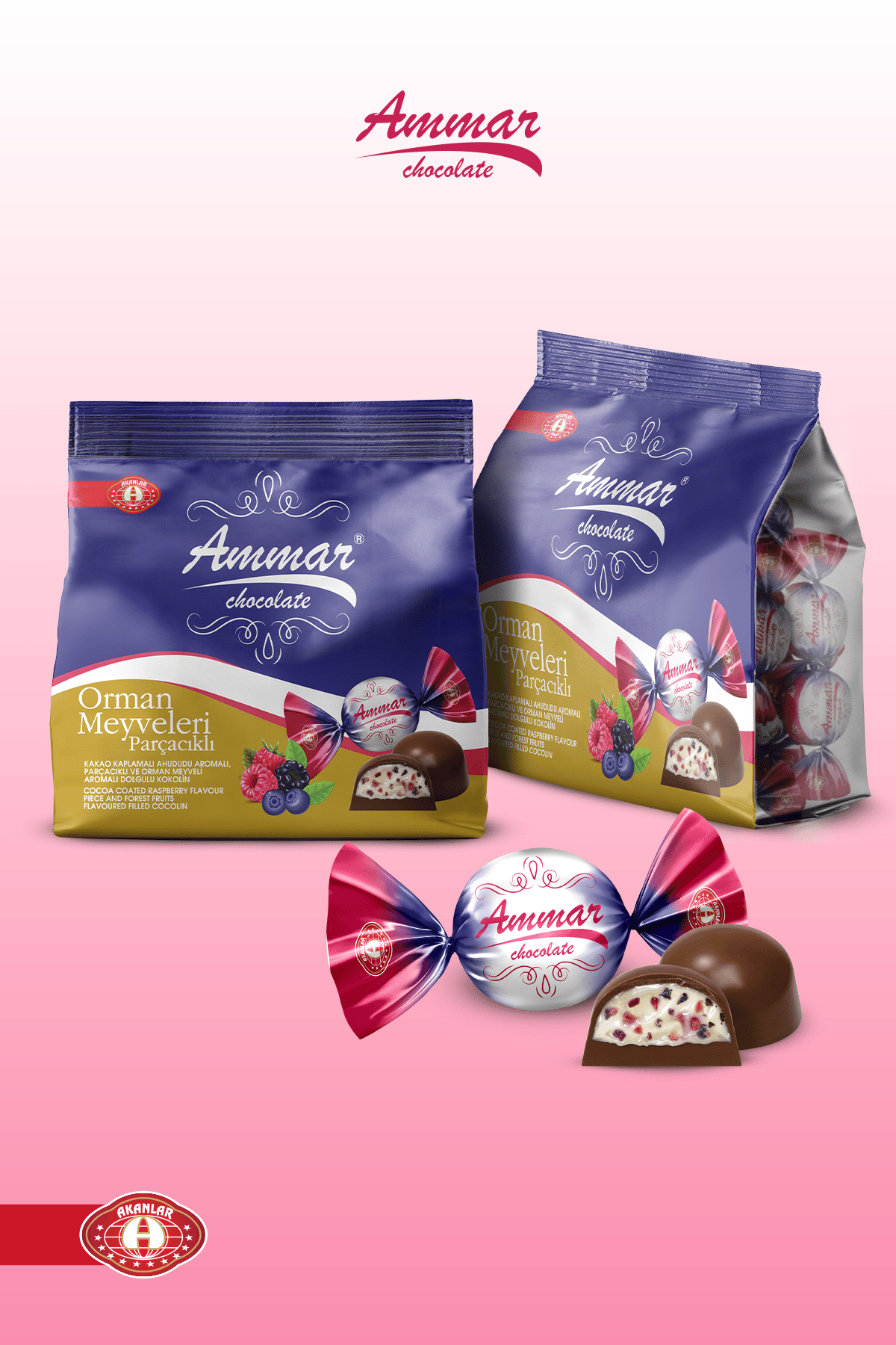 AMMAR Kakao Kaplamalı,  Ahududu ve Orman Meyve Parçacıklı, İkramlık, 500 Gr