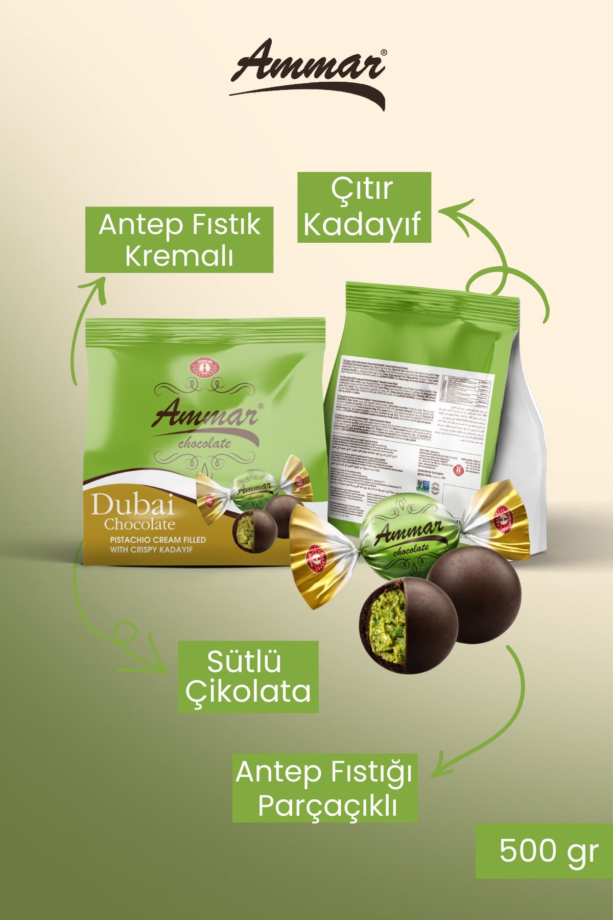 Dubai, Antep Fıstığı Parçacıklı, Antep Fıstığı Krema ve Kadayıf Dolgulu, Sütlü Çikolata 500 GR