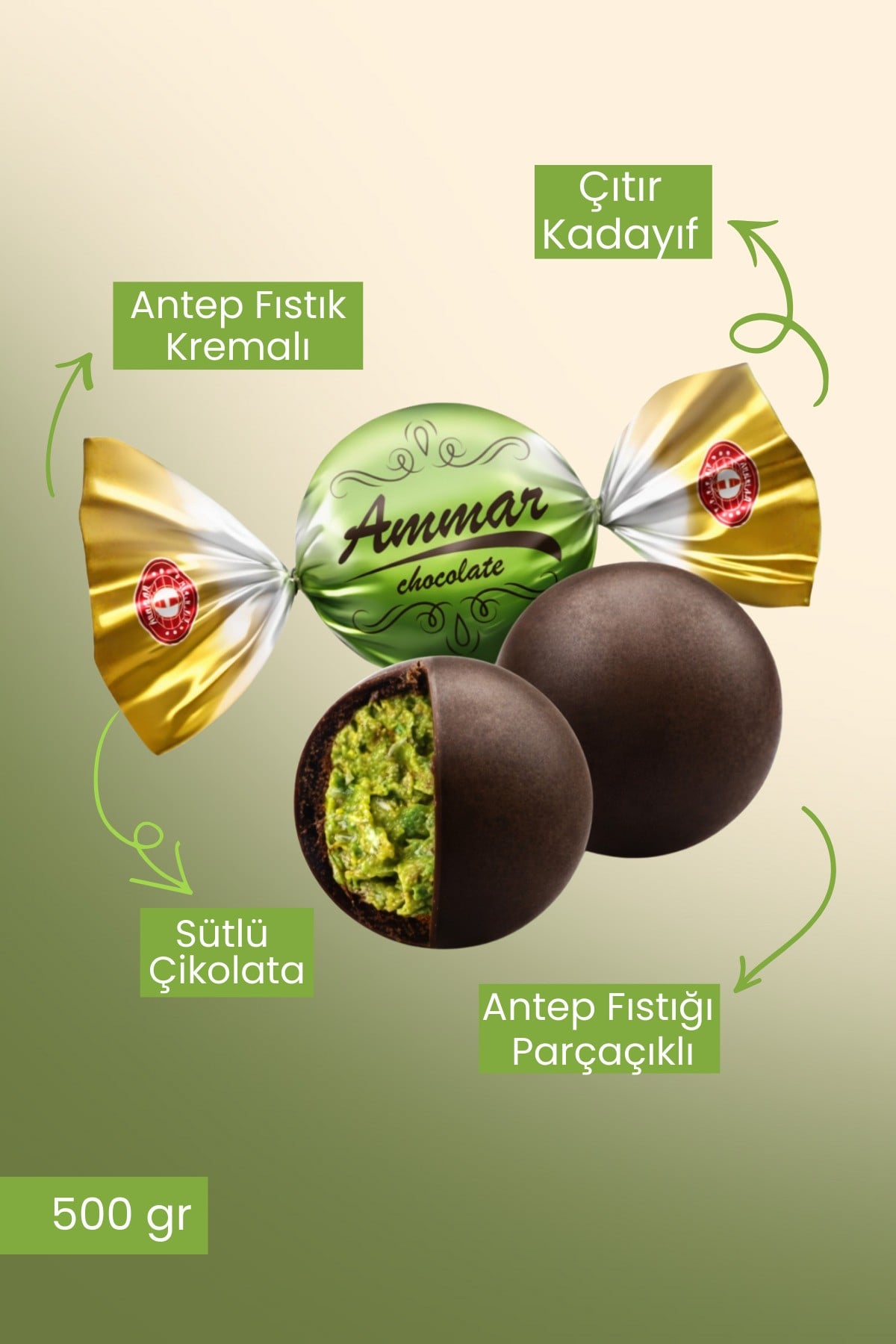Dubai, Antep Fıstığı Parçacıklı, Antep Fıstığı Krema ve Kadayıf Dolgulu, Sütlü Çikolata 500 GR