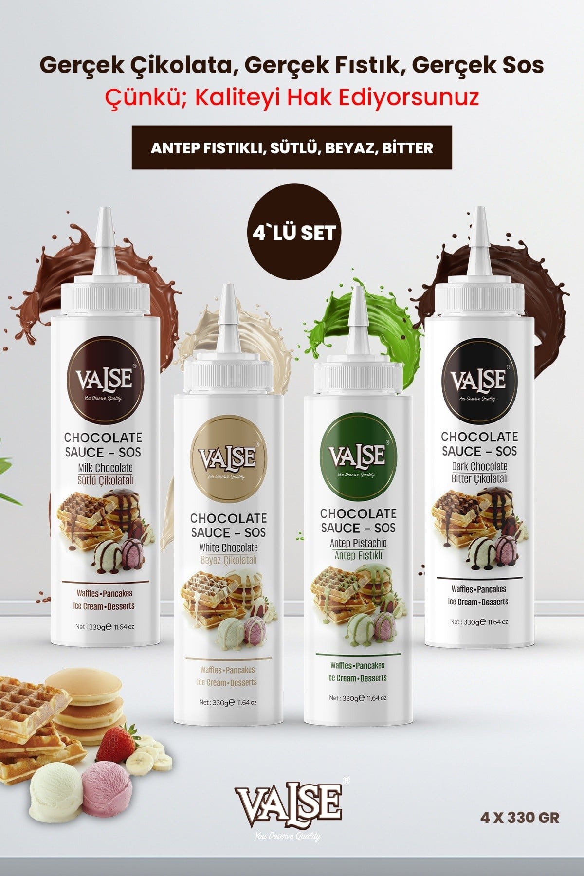 Gerçek Antep Fıstıklı, Gerçek Çikolatalı Sos Set 4 x 330 Gr (Antep Fıstıklı, Sütlü ,Beyaz, Bitter)