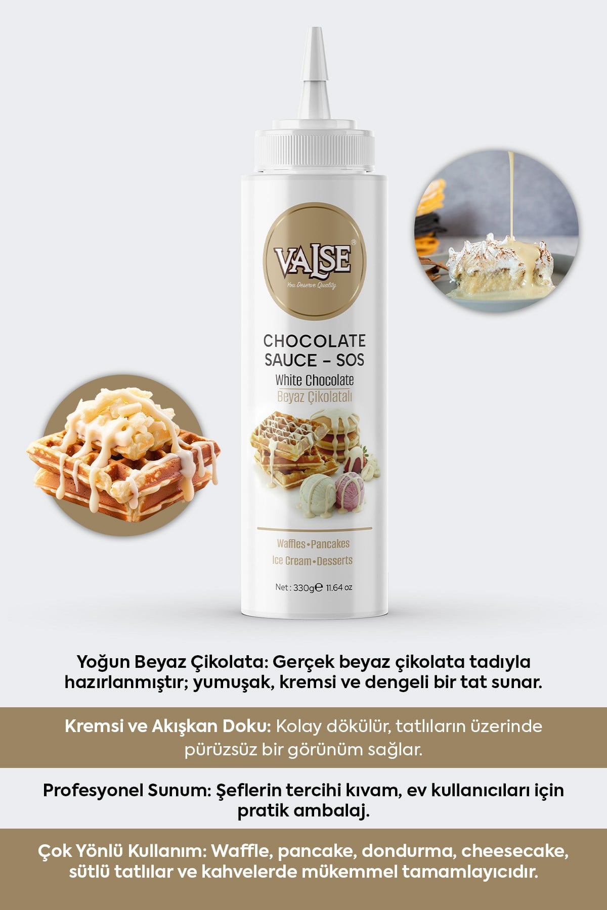 Gerçek Beyaz Çikolatalı Sos (Glutensiz) 330 Gr Waffle & Pankek & Meyve & Kek & Tatlı & Dondurma