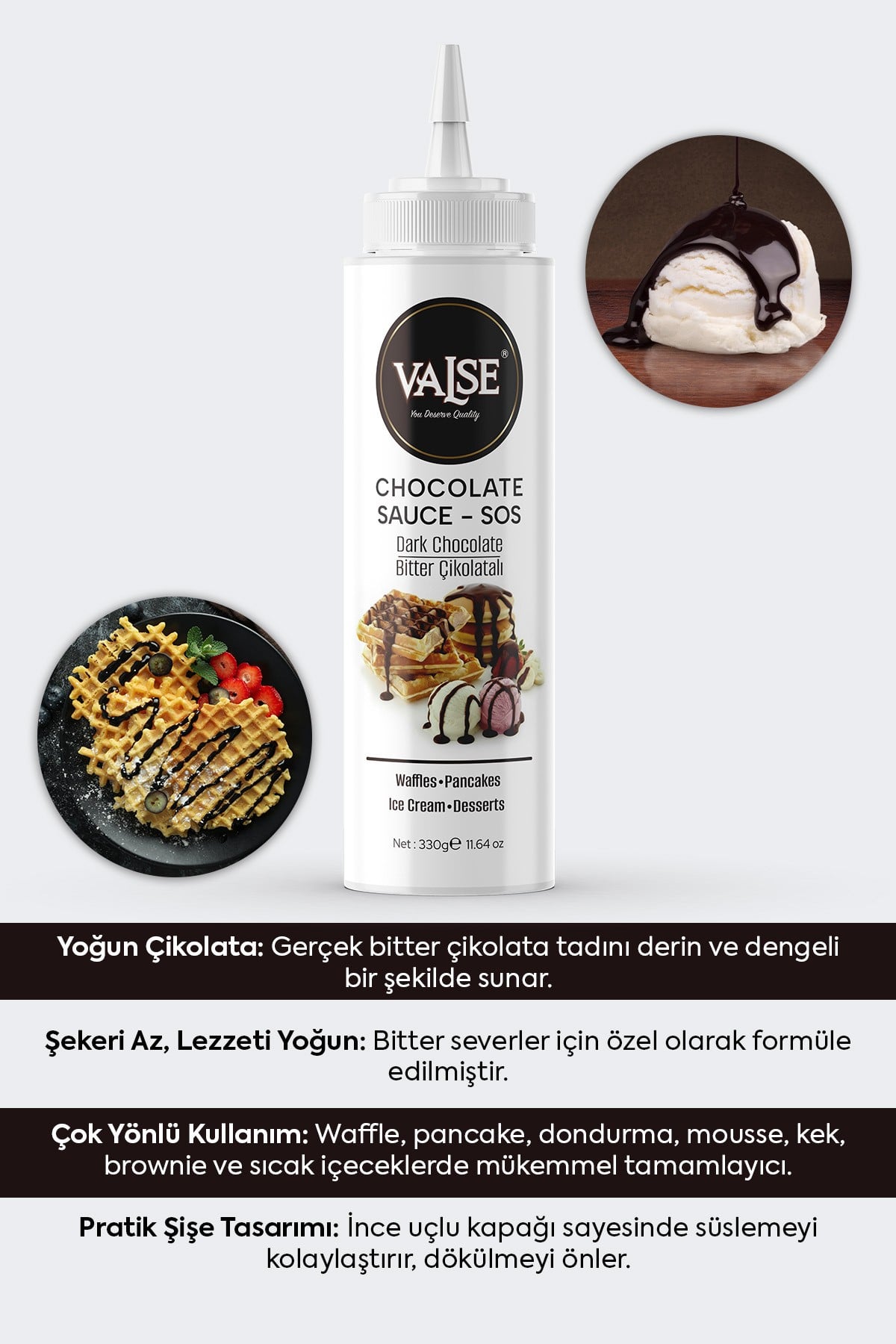 Gerçek Bitter Çikolatalı Sos (Glutensiz) 330 Gr Waffle & Pankek & Meyve & Kek & Tatlı & Dondurma