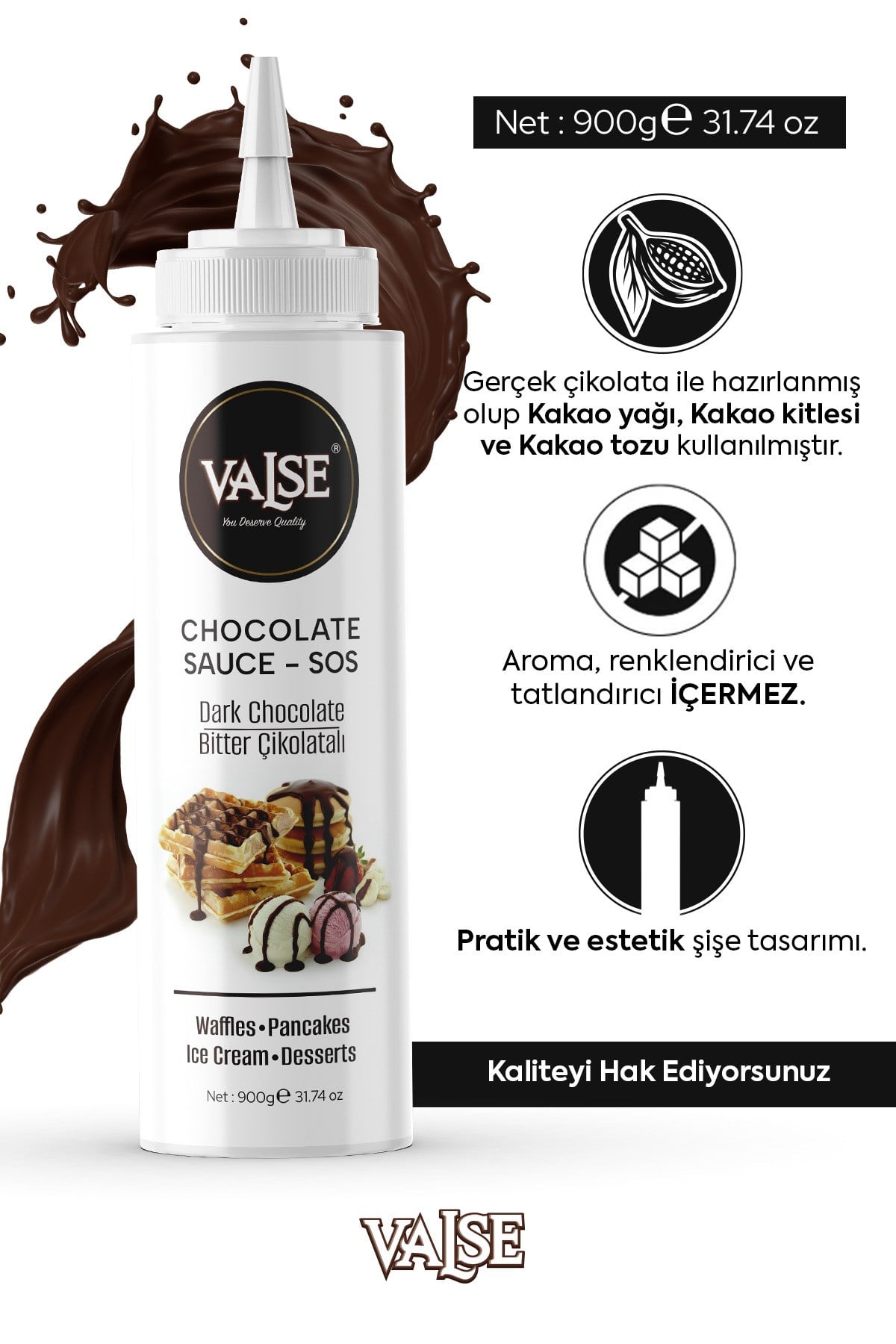 Gerçek Bitter Çikolatalı Sos (Glutensiz) 900 Gr Waffle & Pankek & Meyve & Kek & Tatlı & Dondurma