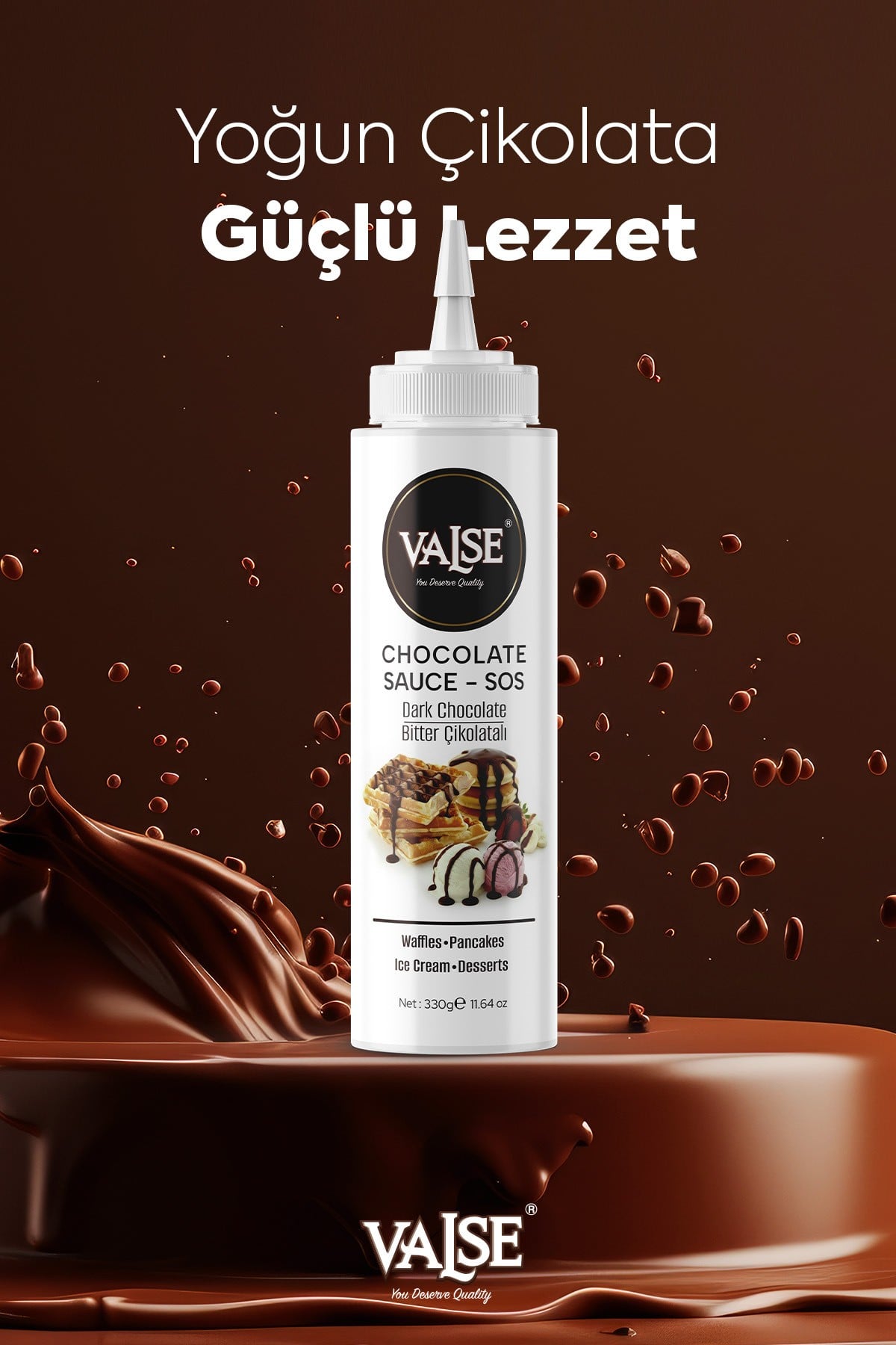 Gerçek Bitter Çikolatalı Sos (Glutensiz) 330 Gr Waffle & Pankek & Meyve & Kek & Tatlı & Dondurma