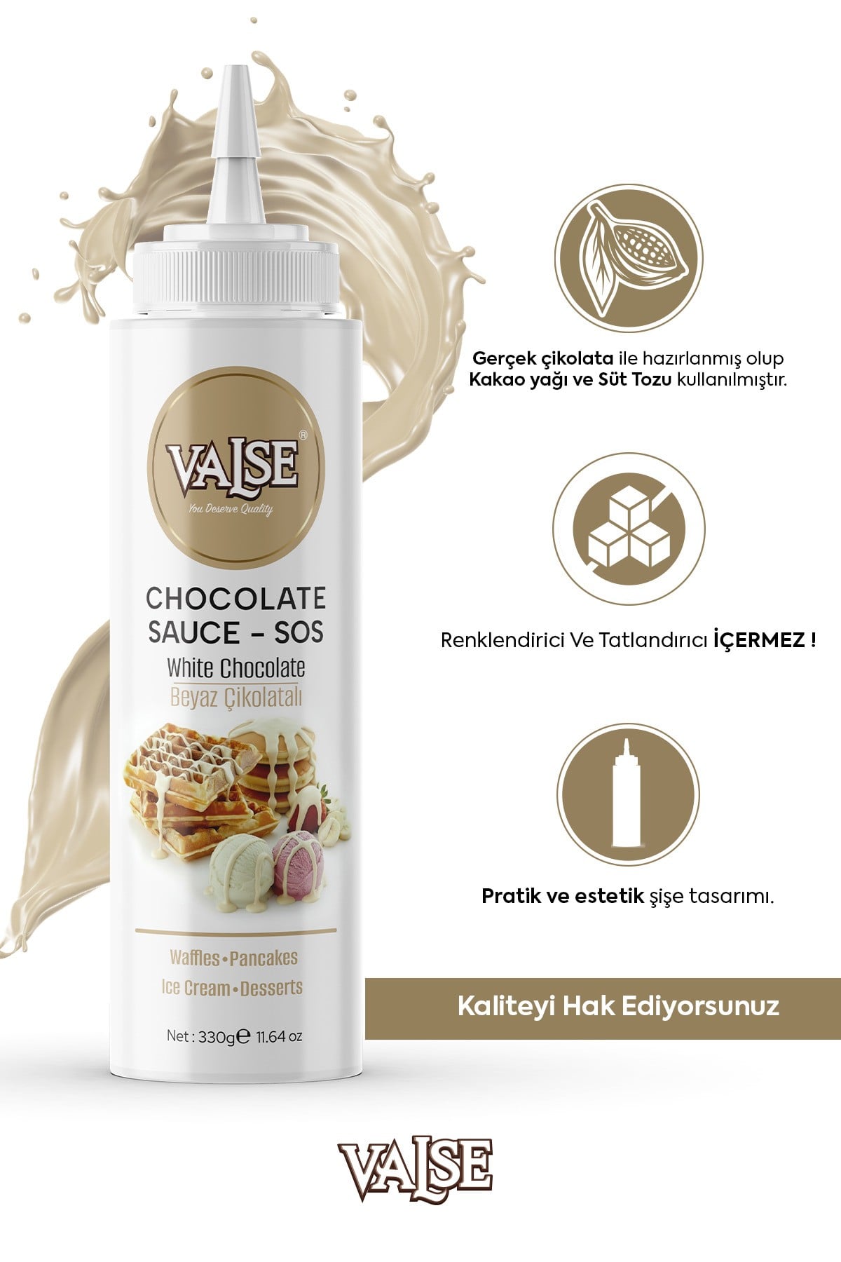 Gerçek Çikolatalı Sos Set 3 x 330 Gr (Sütlü ,Beyaz, Bitter) Glutensiz Waffle & Pankek & Meyve
