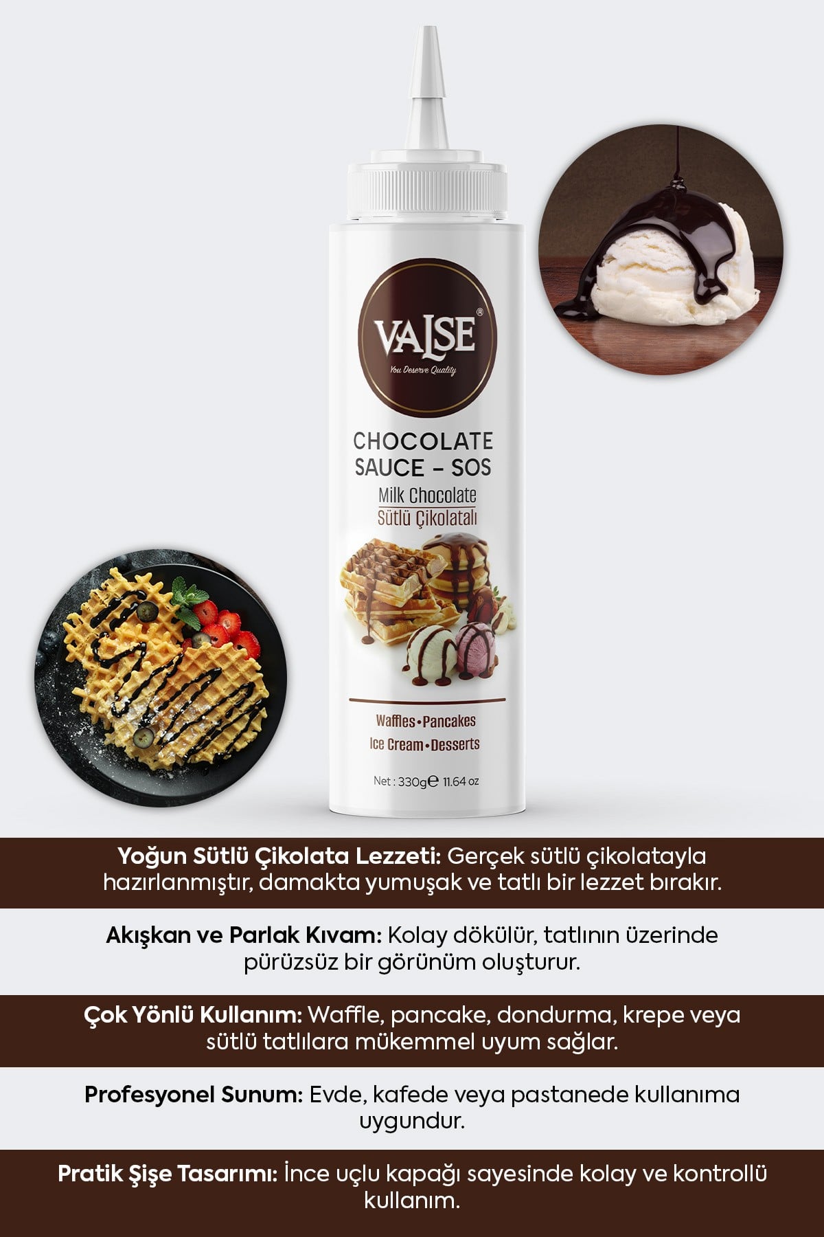 Gerçek Sütlü Çikolatalı Sos (Glutensiz) 330 Gr Waffle & Pankek & Meyve & Kek & Tatlı & Dondurma