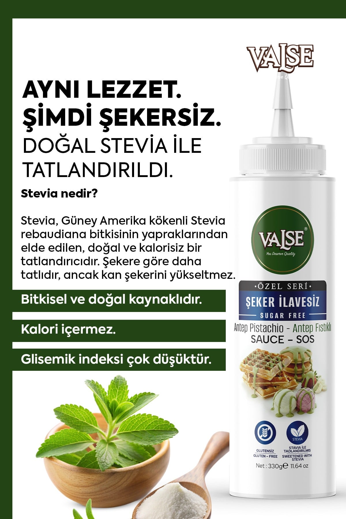 Şeker İlavesiz (Stevia'lı) Antep Fıstıklı Sos (Glutensiz) 330 Gr Waffle & Meyve & Kek&Tatlı&Dondurma