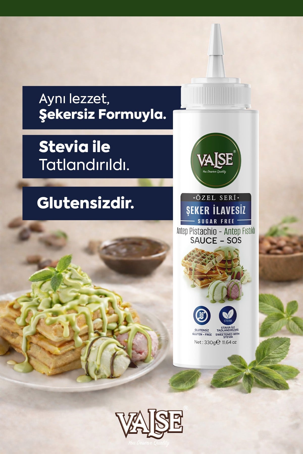 Şeker İlavesiz (Stevia'lı) Antep Fıstıklı Sos (Glutensiz) 330 Gr Waffle & Meyve & Kek&Tatlı&Dondurma