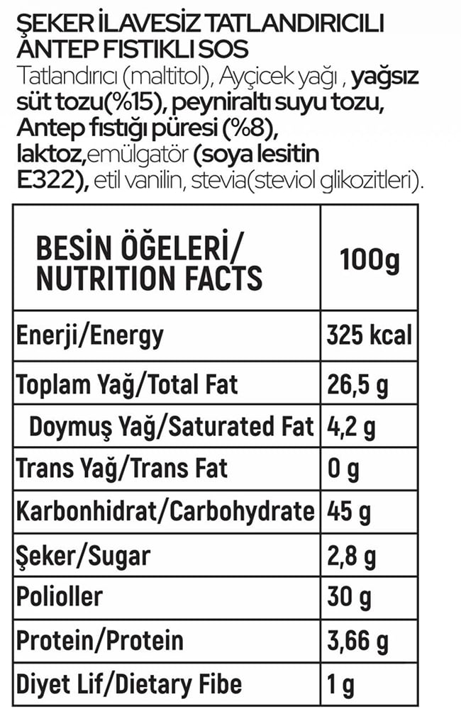 Şeker İlavesiz (Stevia'lı) Antep Fıstıklı Sos (Glutensiz) 330 Gr Waffle & Meyve & Kek&Tatlı&Dondurma