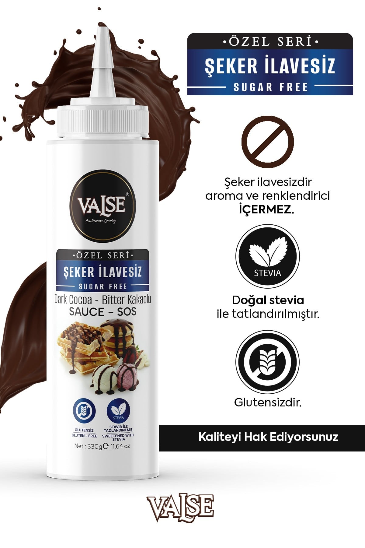 Şeker İlavesiz (Stevia'lı) Bitter Kakaolu Sos (Glutensiz) 330 Gr Waffle & Meyve & Kek&Tatlı&Dondurma