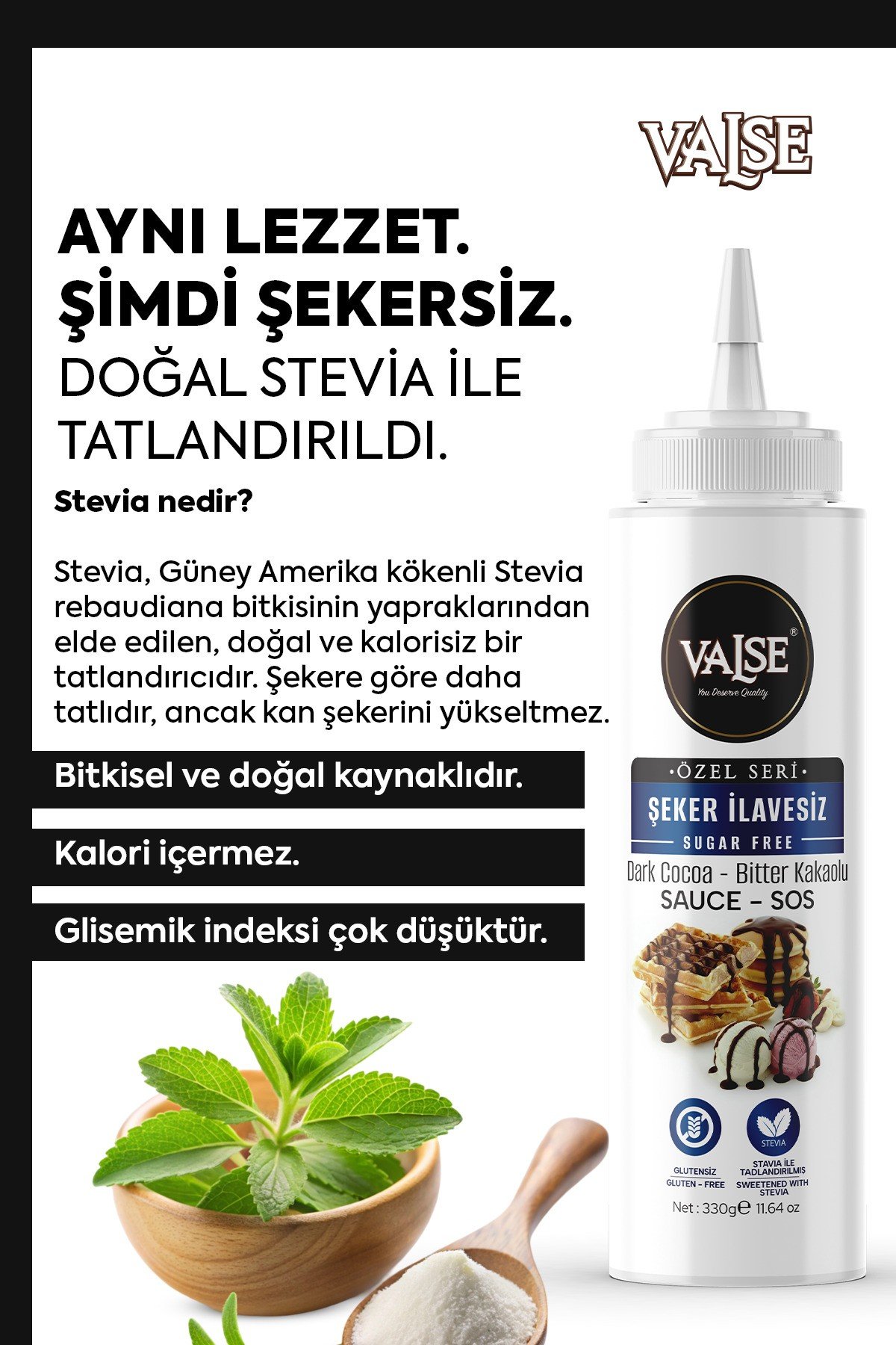 Şeker İlavesiz (Stevia'lı) Bitter Kakaolu Sos (Glutensiz) 330 Gr Waffle & Meyve & Kek&Tatlı&Dondurma