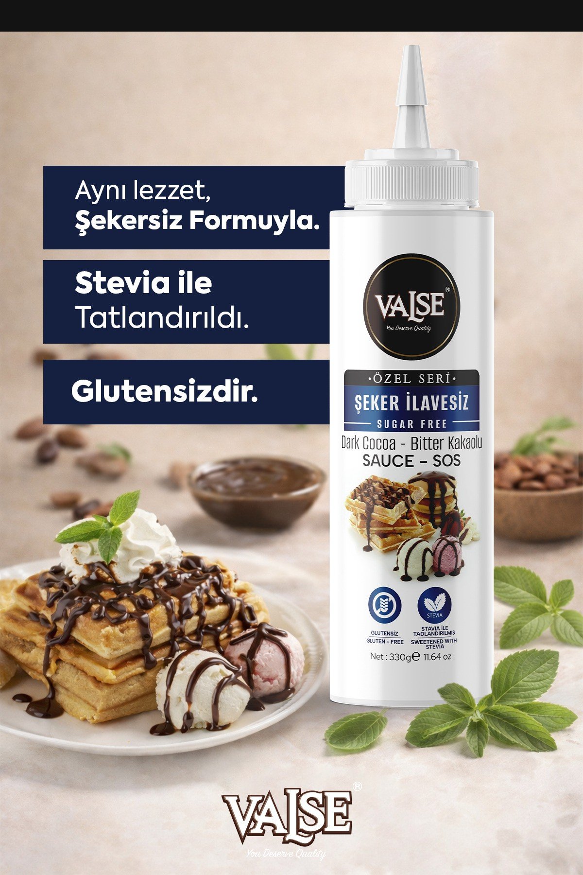 Şeker İlavesiz (Stevia'lı) Bitter Kakaolu Sos (Glutensiz) 330 Gr Waffle & Meyve & Kek&Tatlı&Dondurma