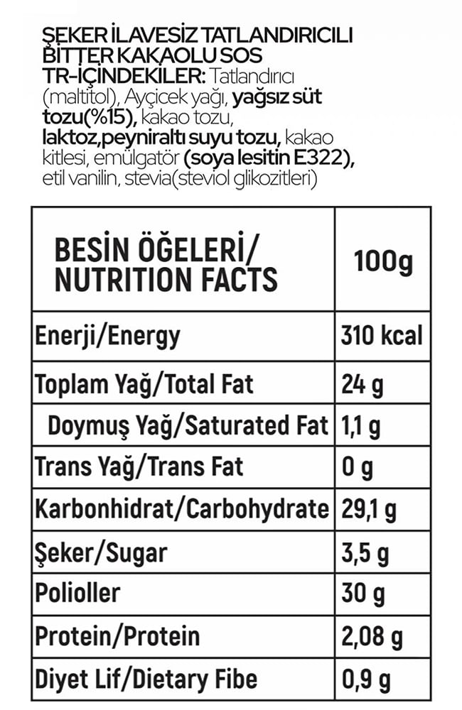 Şeker İlavesiz (Stevia'lı) Bitter Kakaolu Sos (Glutensiz) 330 Gr Waffle & Meyve & Kek&Tatlı&Dondurma